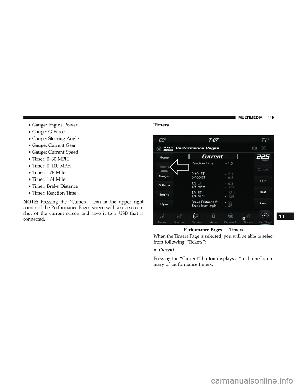 DODGE CHARGER SRT 2018  Owners Manual •Gauge: Engine Power
• Gauge: G-Force
• Gauge: Steering Angle
• Gauge: Current Gear
• Gauge: Current Speed
• Timer: 0–60 MPH
• Timer: 0–100 MPH
• Timer: 1/8 Mile
• Timer: 1/4 Mil