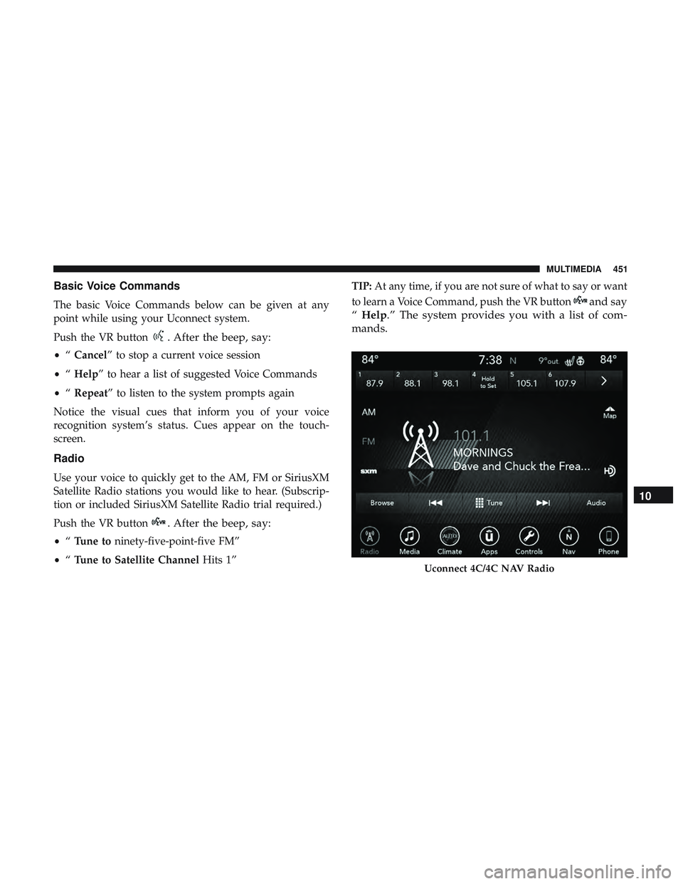 DODGE CHARGER SRT 2018  Owners Manual Basic Voice Commands
The basic Voice Commands below can be given at any
point while using your Uconnect system.
Push the VR button
. After the beep, say:
•“Cancel” to stop a current voice sessio