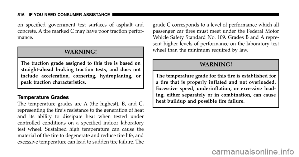 DODGE RAM 1500 GAS 2006 3.G Owners Manual on specified government test surfaces of asphalt and
concrete. A tire marked C may have poor traction perfor-
mance.
WARNING!
The traction grade assigned to this tire is based on
straight-ahead braki DODGE RAM 1500 GAS 2006 3.G Owners Manual on specified government test surfaces of asphalt and
concrete. A tire marked C may have poor traction perfor-
mance.
WARNING!
The traction grade assigned to this tire is based on
straight-ahead braki