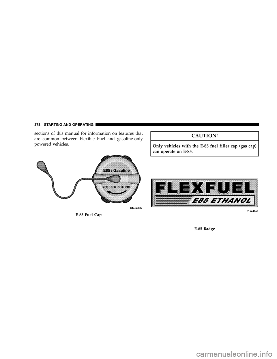 DODGE RAM 3500 GAS 2008 3.G Owners Manual sections of this manual for information on features that
are common between Flexible Fuel and gasoline-only
powered vehicles.CAUTION!
Only vehicles with the E-85 fuel filler cap (gas cap)
can operate 
