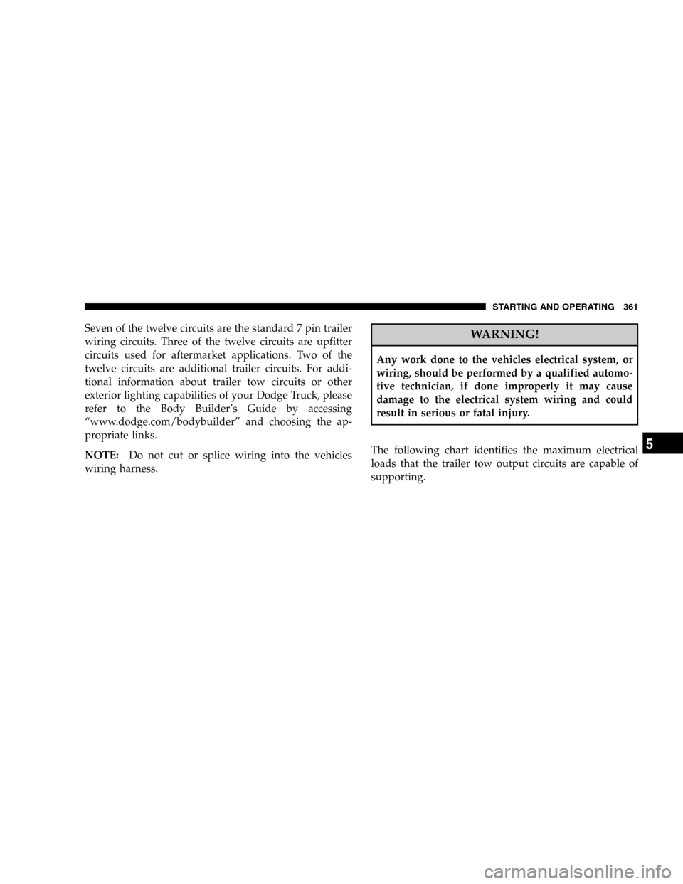 DODGE RAM 4500 CHASSIS CAB 2008 3.G Owners Manual Seven of the twelve circuits are the standard 7 pin trailer
wiring circuits. Three of the twelve circuits are upfitter
circuits used for aftermarket applications. Two of the
twelve circuits are additi