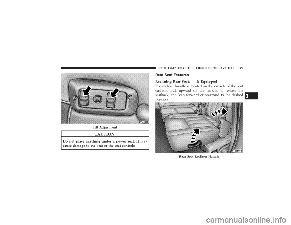 DODGE RAM 2500 DIESEL 2009 4.G Owners Manual CAUTION!
Do not place anything under a power seat. It may
cause damage to the seat or the seat controls.
Rear Seat Features
Reclining Rear Seats — If EquippedThe recliner handle is located on the ou
