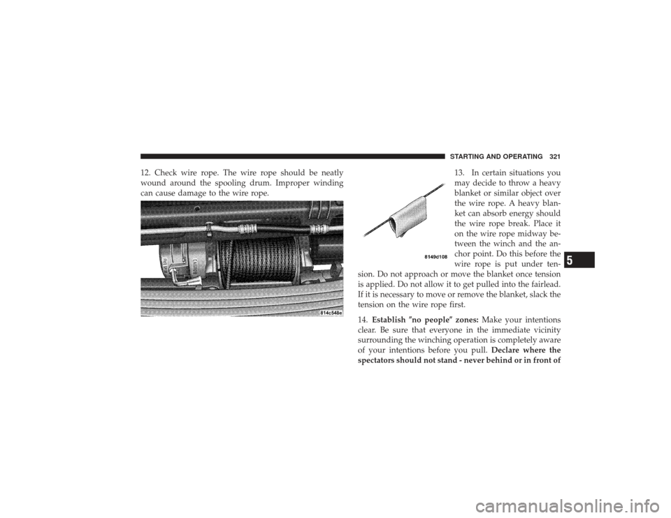 DODGE RAM 2500 DIESEL 2009 4.G Owners Manual 12. Check wire rope. The wire rope should be neatly
wound around the spooling drum. Improper winding
can cause damage to the wire rope.13. In certain situations you
may decide to throw a heavy
blanket