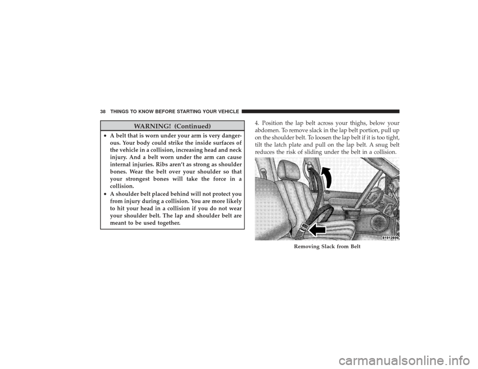 DODGE RAM 2500 DIESEL 2009 4.G Owners Manual WARNING! (Continued)
•
A belt that is worn under your arm is very danger-
ous. Your body could strike the inside surfaces of
the vehicle in a collision, increasing head and neck
injury. And a belt w