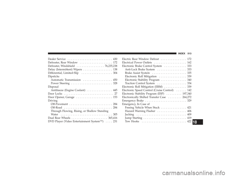 DODGE RAM 3500 DIESEL 2009 4.G Owners Manual Dealer Service.......................... 430
Defroster, Rear Window ................... 172
Defroster, Windshield ................76,235,238
Delay (Intermittent) Wipers ................. 138
Different