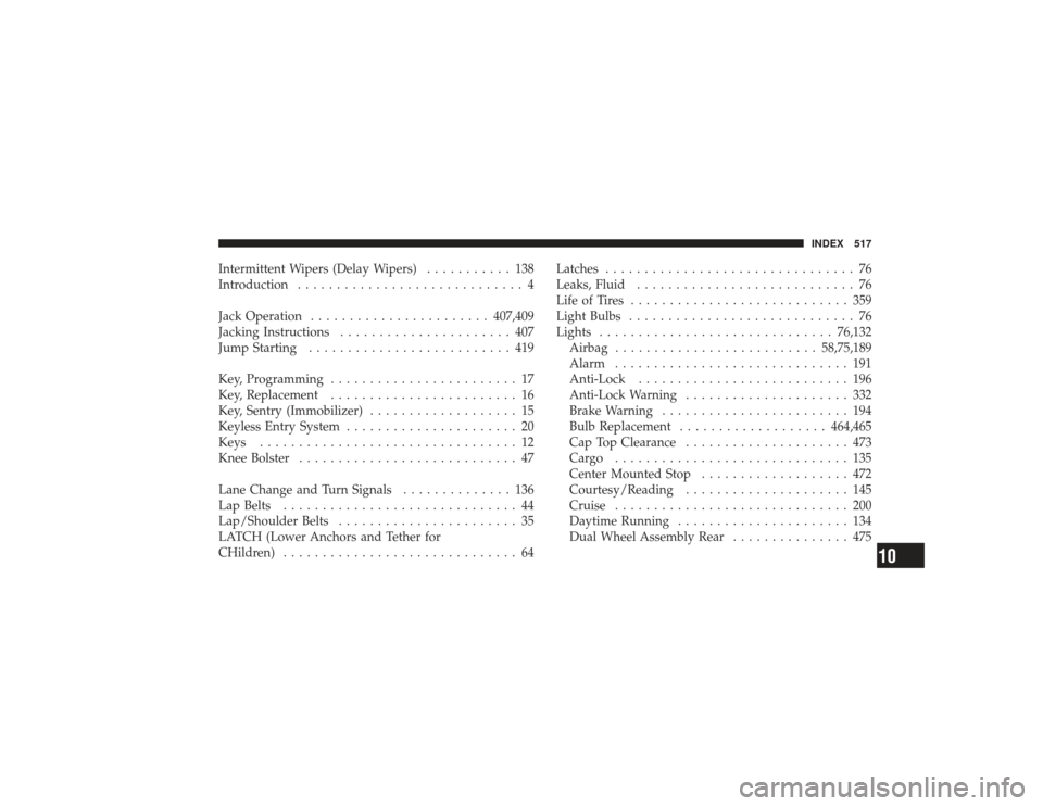 DODGE RAM 3500 DIESEL 2009 4.G Owners Manual Intermittent Wipers (Delay Wipers)........... 138
Introduction ............................. 4
Jack Operation ....................... 407,409
Jacking Instructions ...................... 407
Jump Start