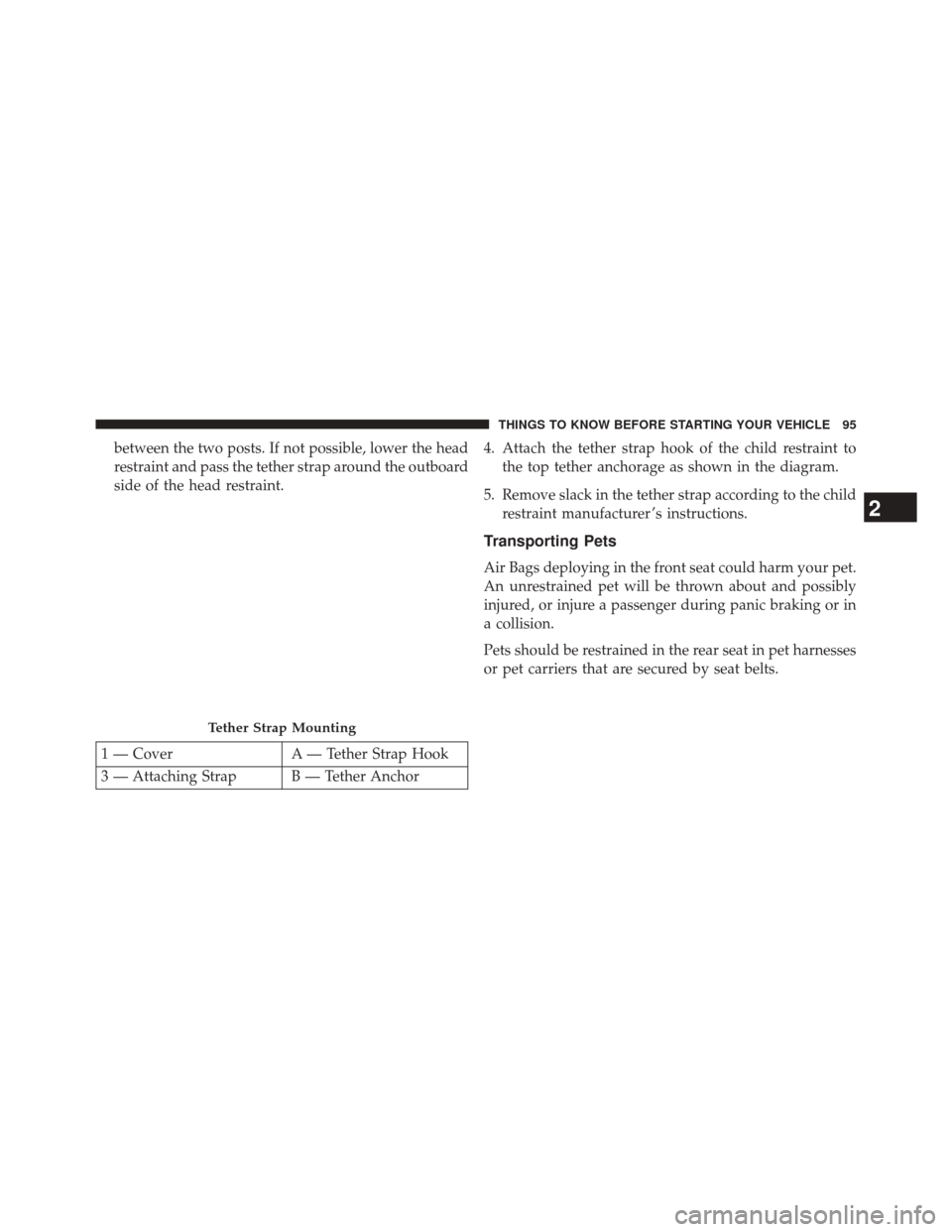 DODGE AVENGER 2013 2.G Owners Manual between the two posts. If not possible, lower the head
restraint and pass the tether strap around the outboard
side of the head restraint.
1 — CoverA — Tether Strap Hook
3 — Attaching Strap B 