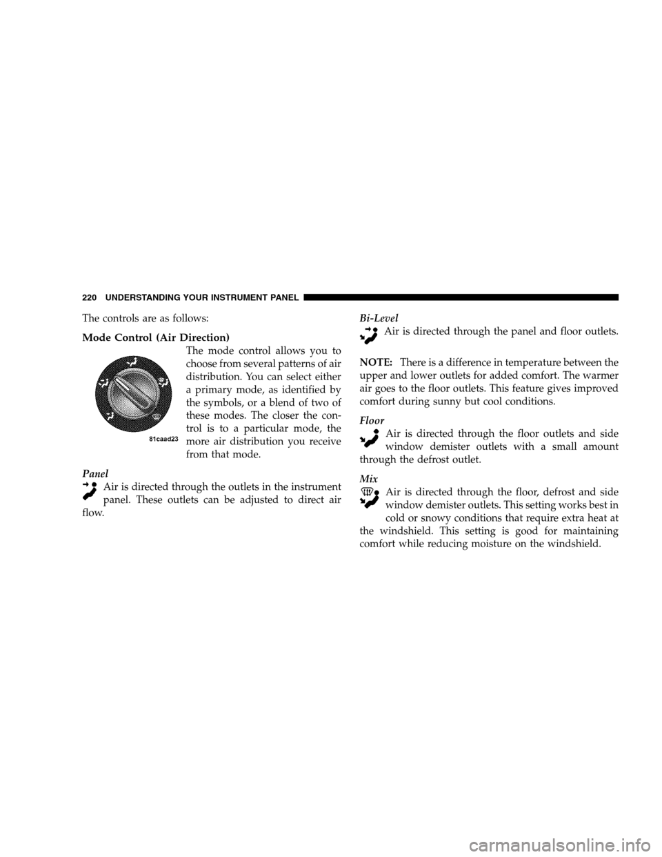 DODGE CALIBER 2008 1.G Owners Manual The controls are as follows:
Mode Control (Air Direction)
The mode control allows you to
choose from several patterns of air
distribution. You can select either
a primary mode, as identified by
the sy