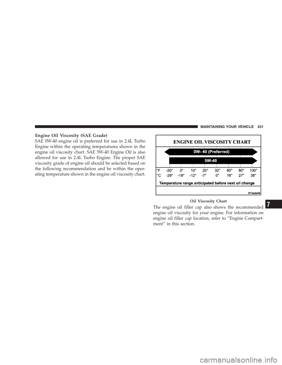 DODGE CALIBER SRT 2009 1.G Owners Manual Engine Oil Viscosity (SAE Grade)
SAE 0W-40 engine oil is preferred for use in 2.4L Turbo
Engine within the operating temperatures shown in the
engine oil viscosity chart. SAE 5W-40 Engine Oil is also
