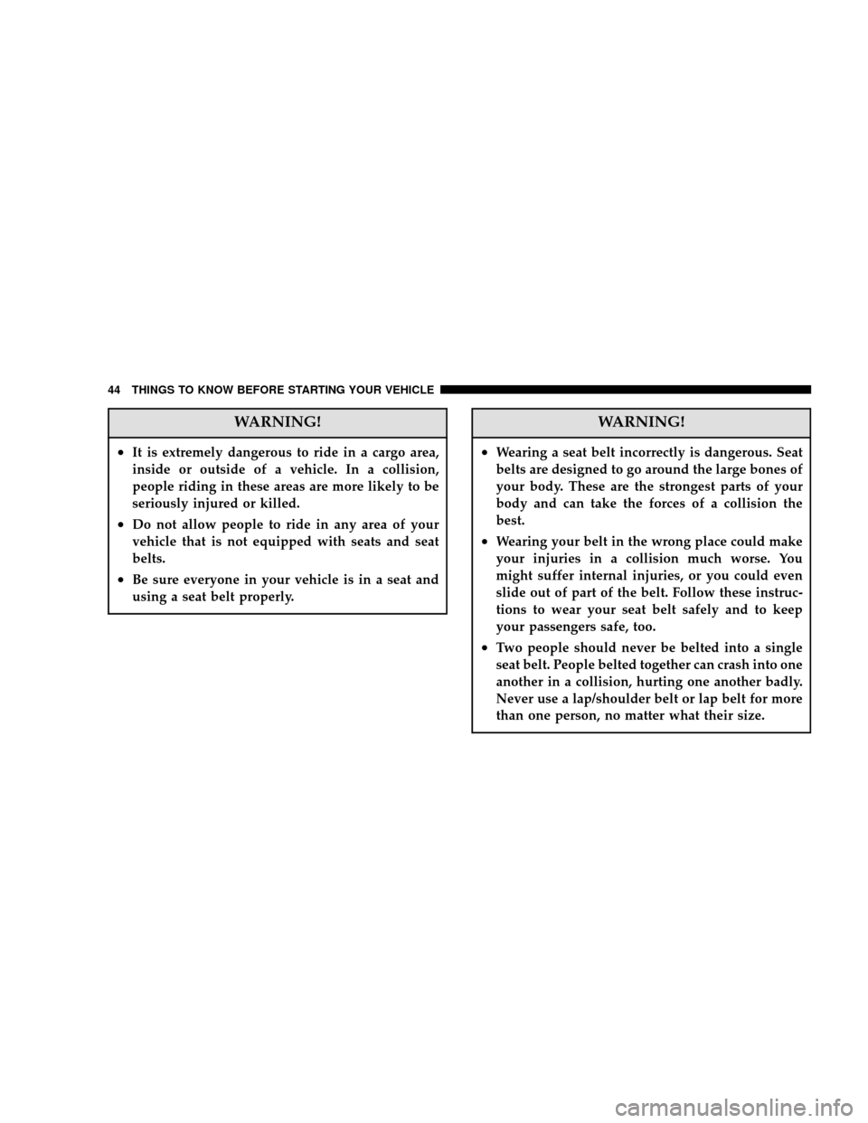 DODGE CARAVAN 2006 4.G Owners Manual WARNING!
•It is extremely dangerous to ride in a cargo area,
inside or outside of a vehicle. In a collision,
people riding in these areas are more likely to be
seriously injured or killed.
•Do not