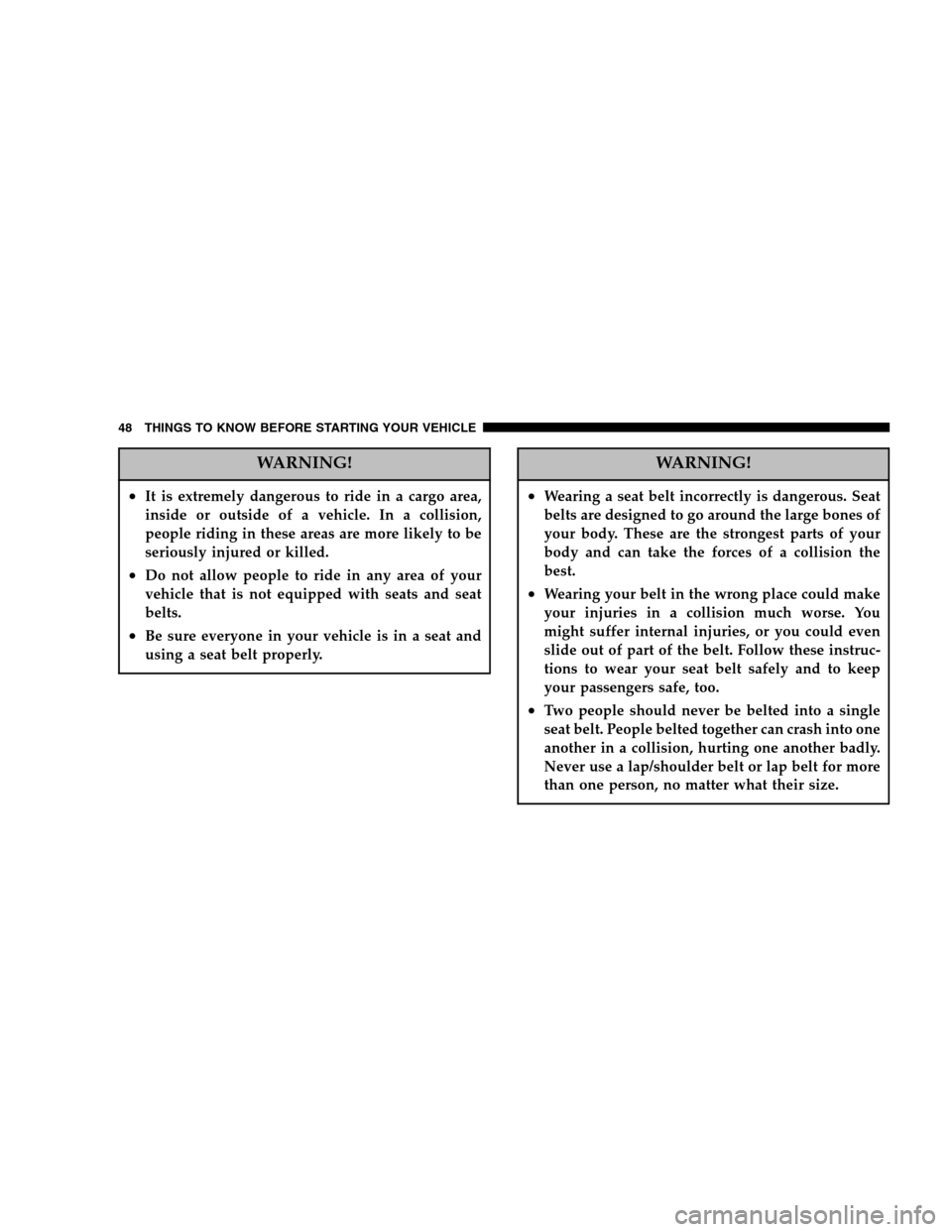 DODGE CARAVAN 2007 4.G Owners Manual WARNING!
•It is extremely dangerous to ride in a cargo area, 
inside or outside of a vehicle. In a collision,
people riding in these areas are more likely to be
seriously injured or killed.
•Do no