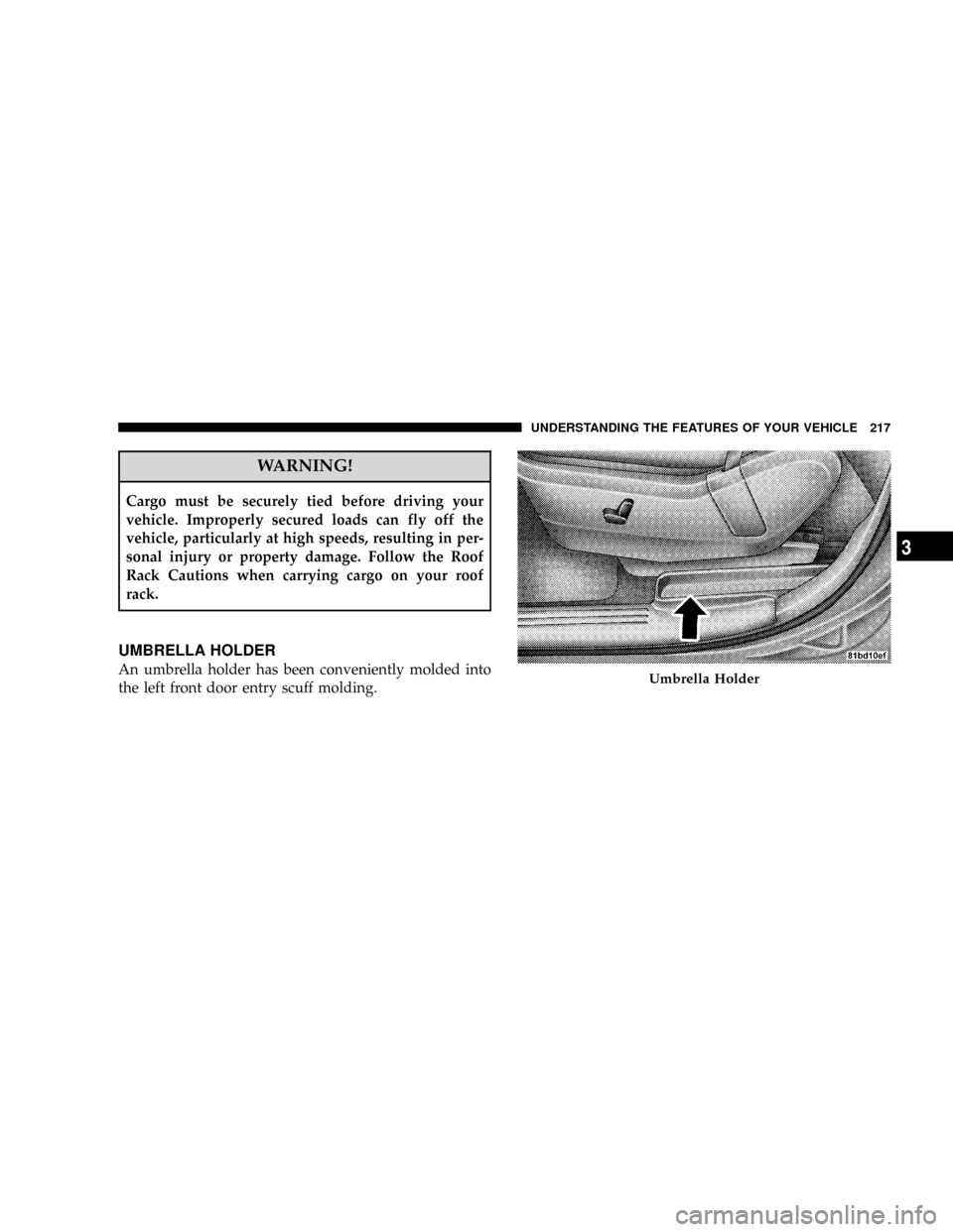 DODGE CARAVAN 2008 5.G Owners Manual WARNING!
Cargo must be securely tied before driving your
vehicle. Improperly secured loads can fly off the
vehicle, particularly at high speeds, resulting in per-
sonal injury or property damage. Foll
