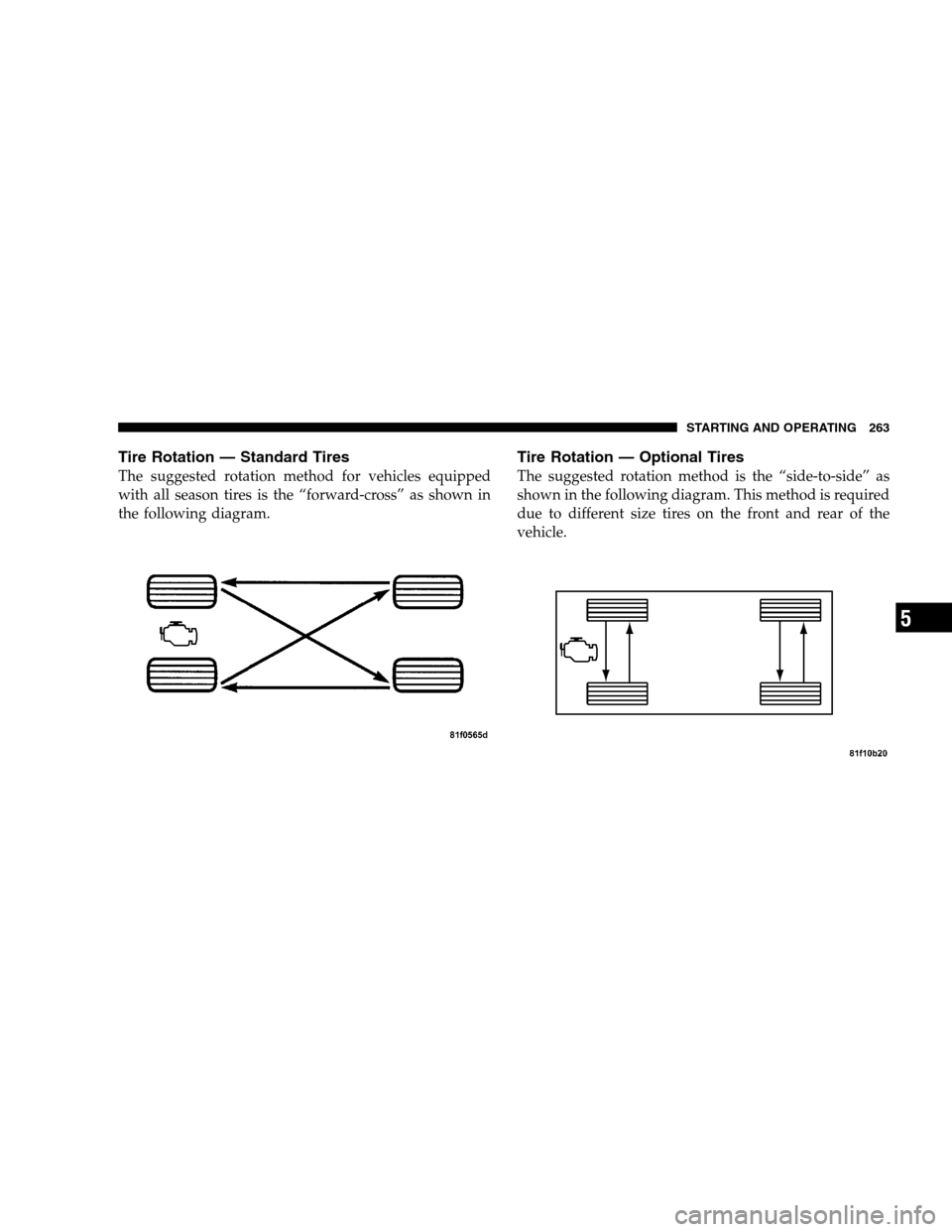 DODGE CHALLENGER SRT 2009 3.G Owners Manual Tire Rotation — Standard Tires
The suggested rotation method for vehicles equipped
with all season tires is the “forward-cross” as shown in
the following diagram.
Tire Rotation — Optional Tire