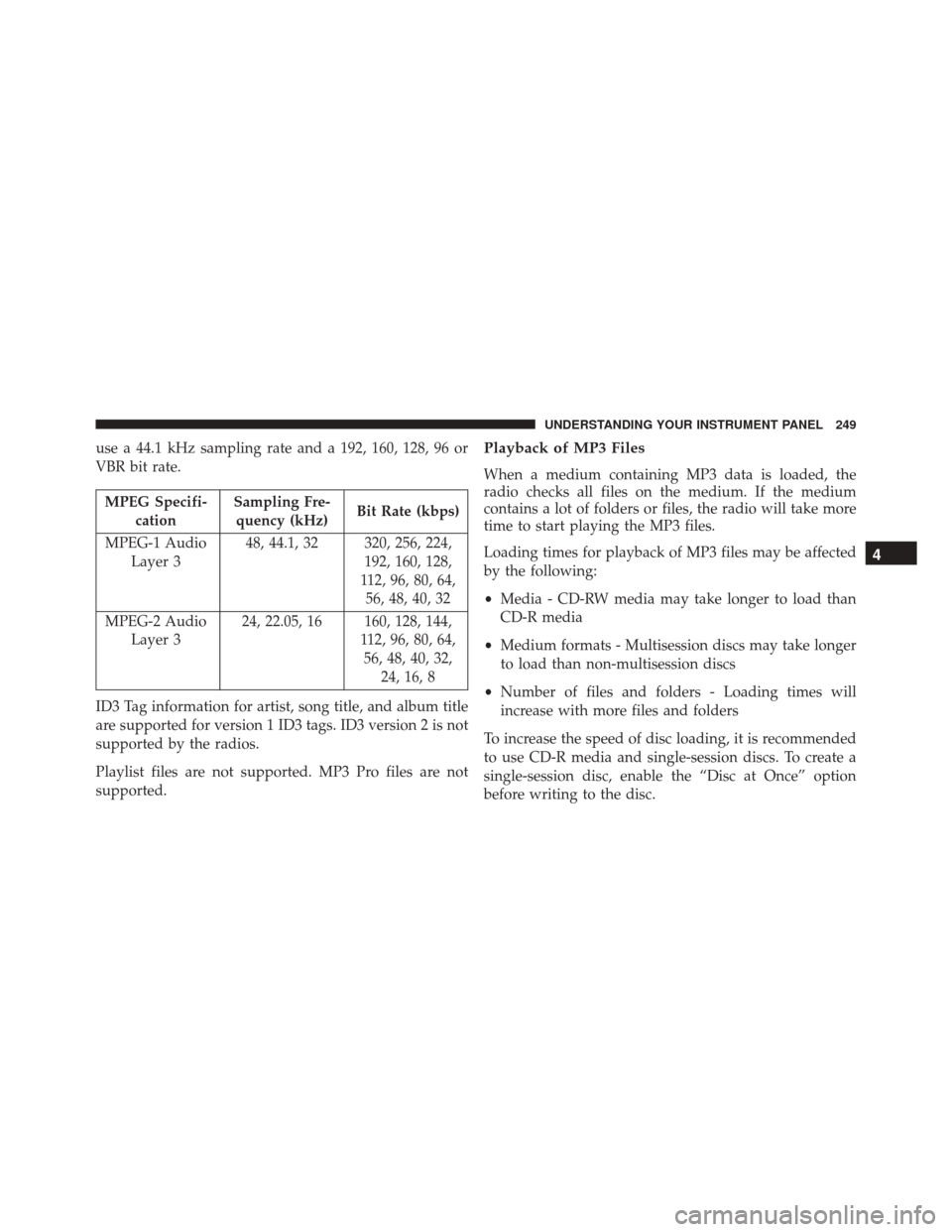 DODGE CHALLENGER SRT 2013 3.G Owners Manual use a 44.1 kHz sampling rate and a 192, 160, 128, 96 or
VBR bit rate.
MPEG Specifi-cation Sampling Fre-
quency (kHz) Bit Rate (kbps)
MPEG-1 Audio Layer 3 48, 44.1, 32 320, 256, 224,
192, 160, 128,
112