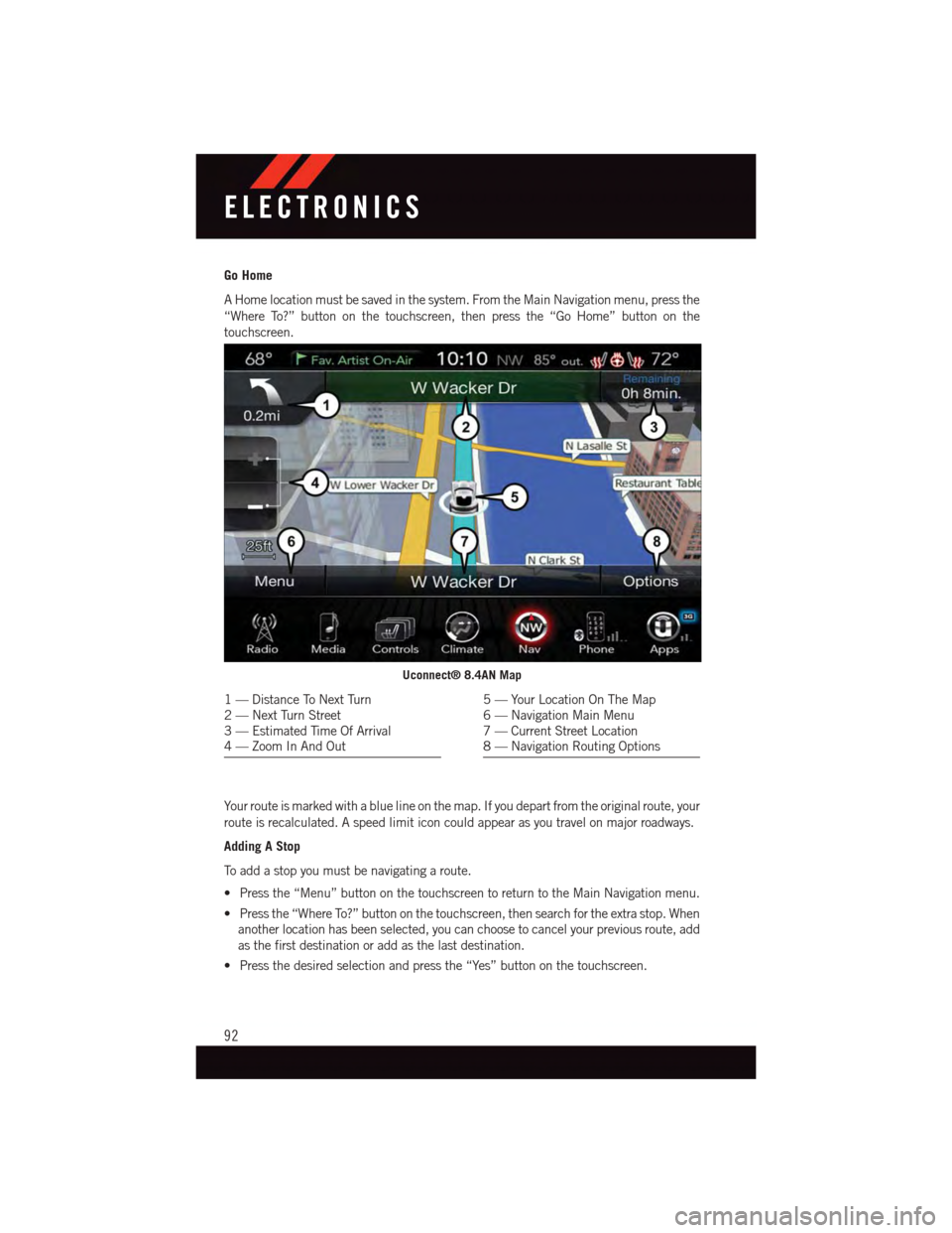 DODGE CHALLENGER 2015 3.G User Guide Go Home
AHomelocationmustbesavedinthesystem.FromtheMainNavigationmenu,pressthe
“Where To?” button on the touchscreen, then press the “Go Home” button on the
touchscreen.
Yo u r r o u t e i s m