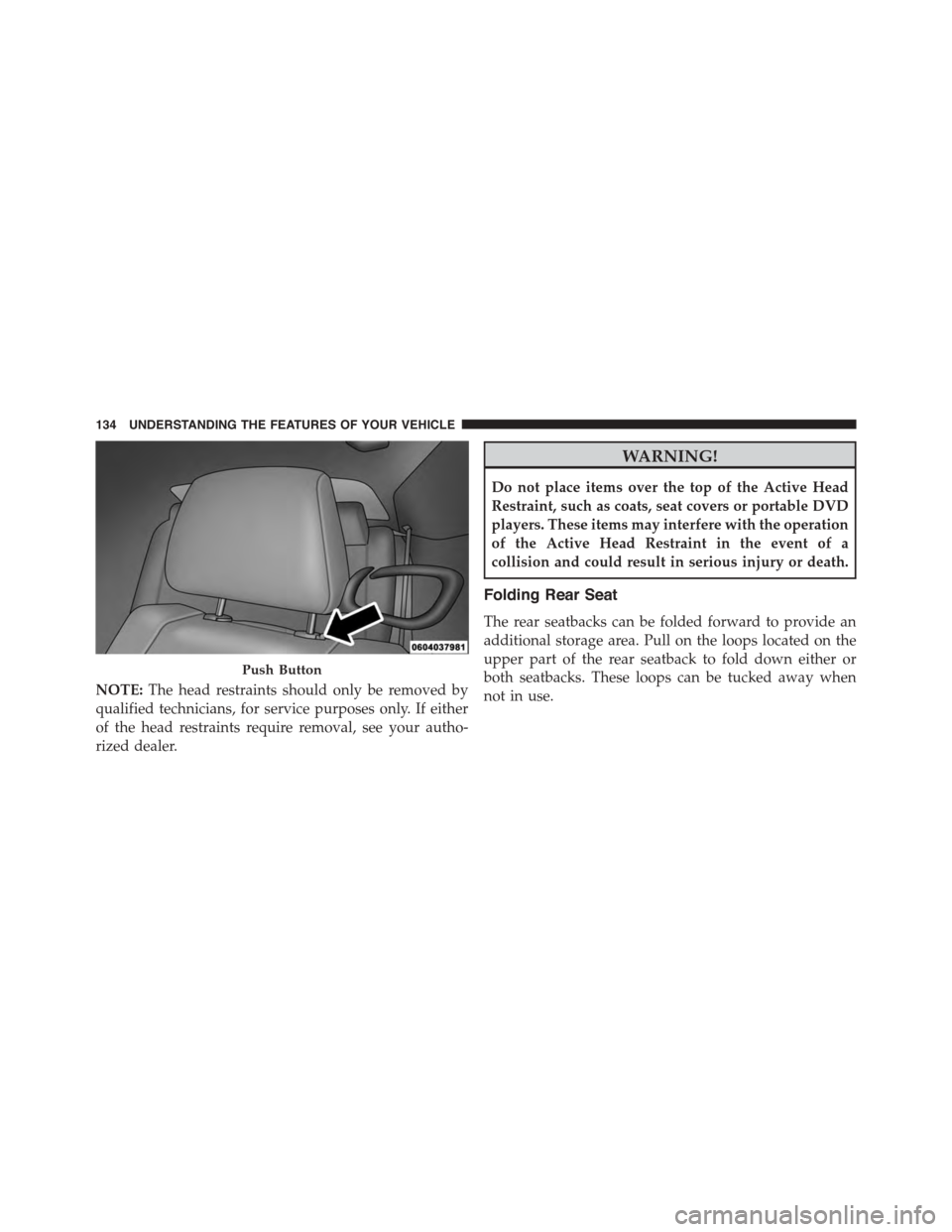 DODGE CHALLENGER 2015 3.G Owners Manual NOTE:The head restraints should only be removed by
qualified technicians, for service purposes only. If either
of the head restraints require removal, see your autho-
rized dealer.
WARNING!
Do not pla