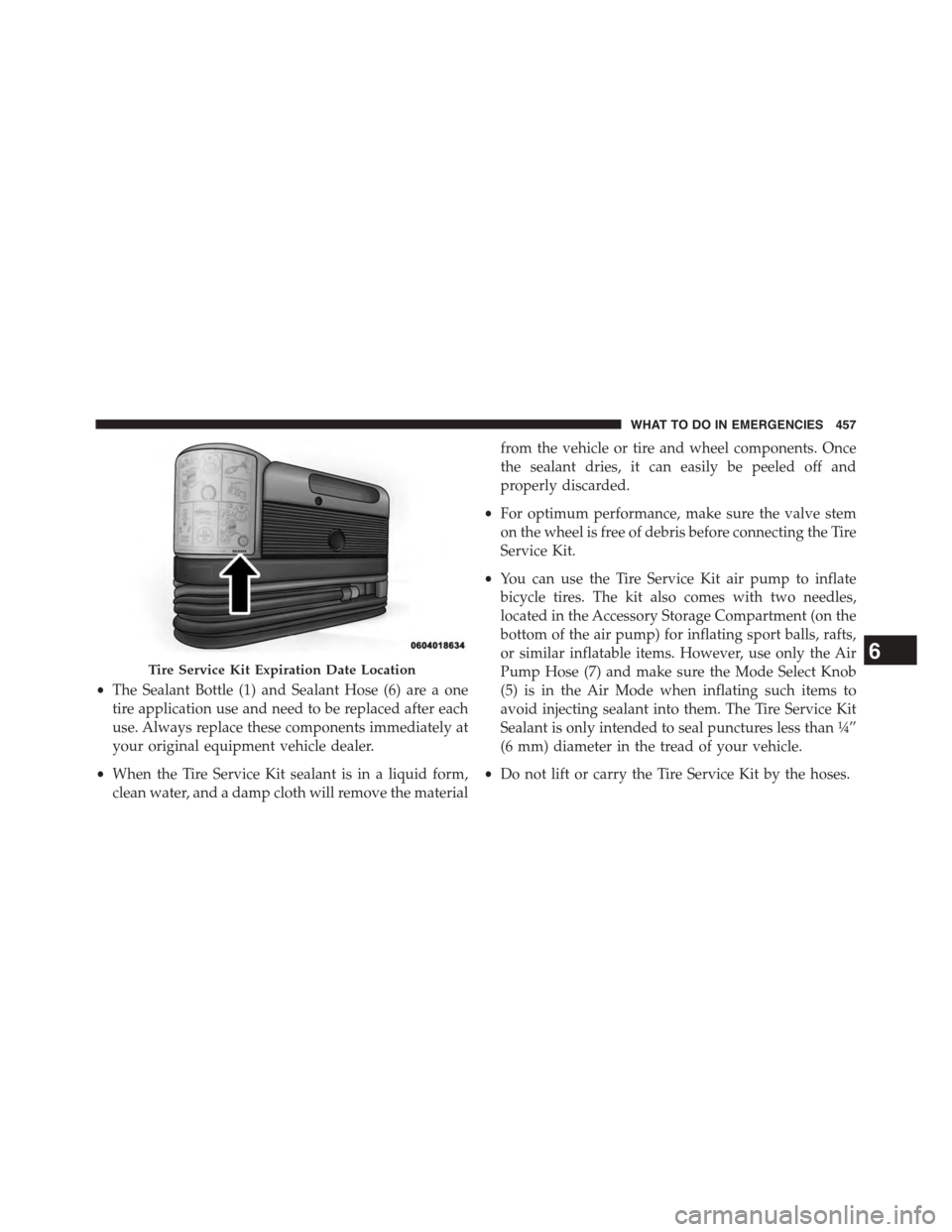 DODGE CHALLENGER 2015 3.G Owners Manual •The Sealant Bottle (1) and Sealant Hose (6) are a one
tire application use and need to be replaced after each
use. Always replace these components immediately at
your original equipment vehicle dea