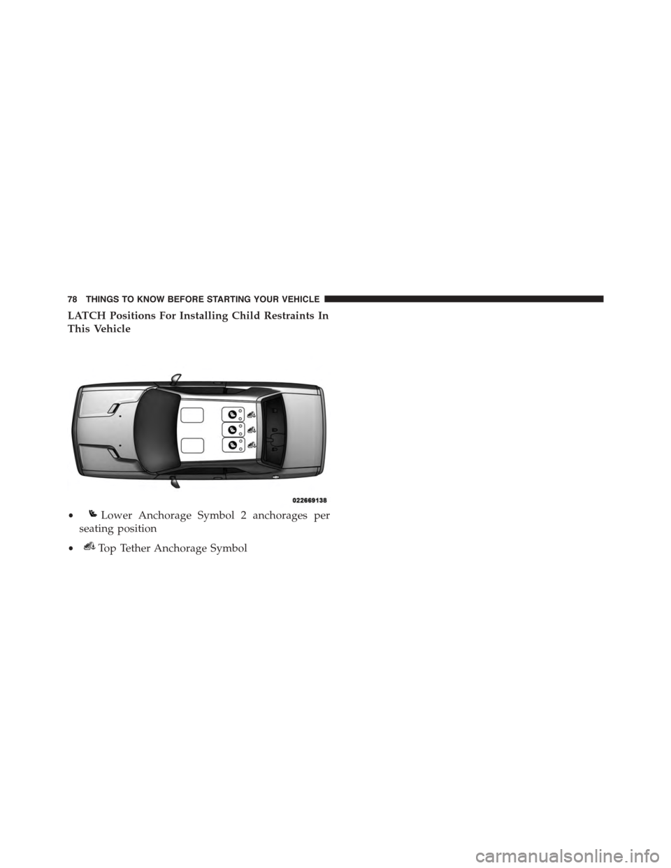 DODGE CHALLENGER 2015 3.G Owners Manual LATCH Positions For Installing Child Restraints In
This Vehicle
•Lower Anchorage Symbol 2 anchorages per
seating position
•Top Tether Anchorage Symbol
78 THINGS TO KNOW BEFORE STARTING YOUR VEHICL