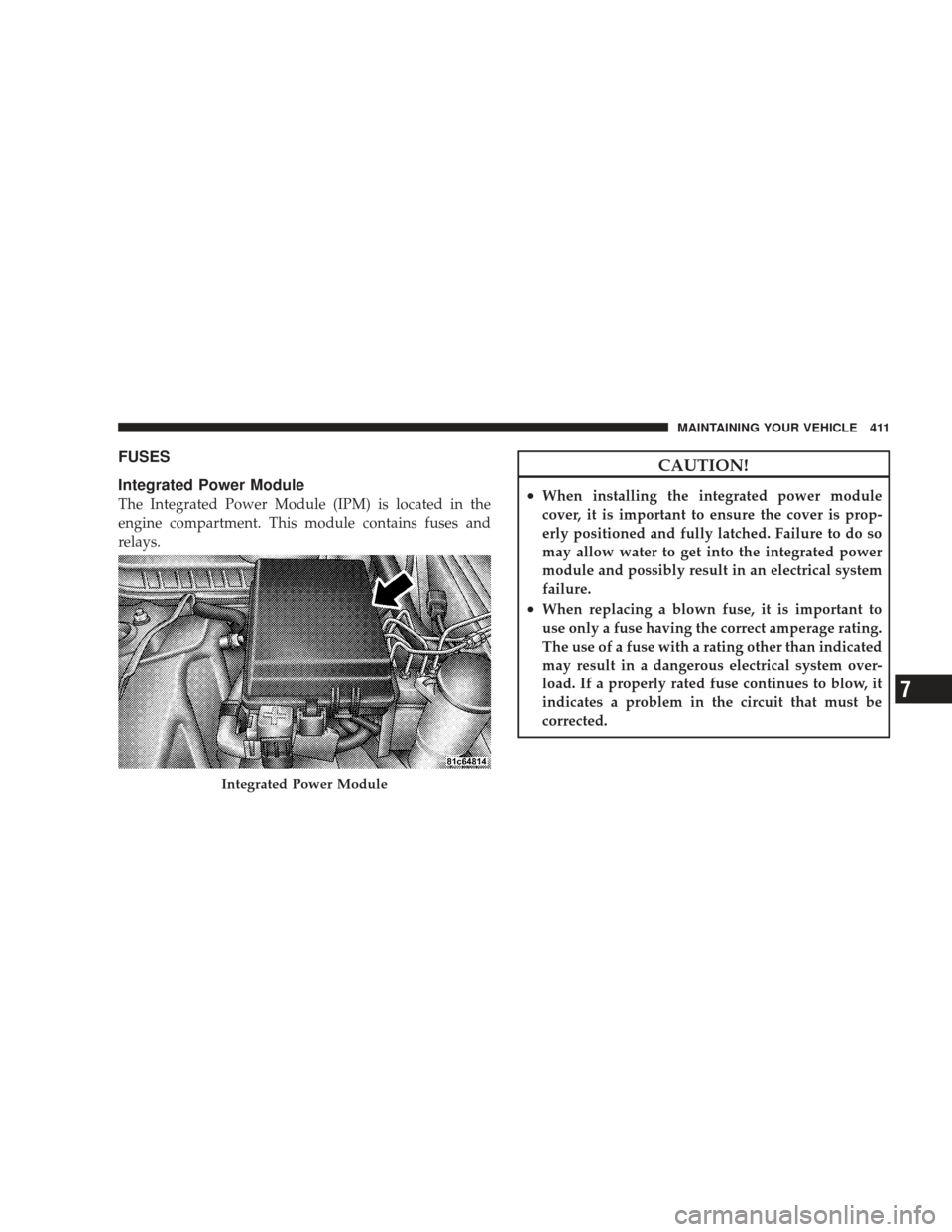 DODGE CHARGER 2009 6.G Owners Manual FUSES
Integrated Power Module
The Integrated Power Module (IPM) is located in the
engine compartment. This module contains fuses and
relays.
CAUTION!
•When installing the integrated power module
cov