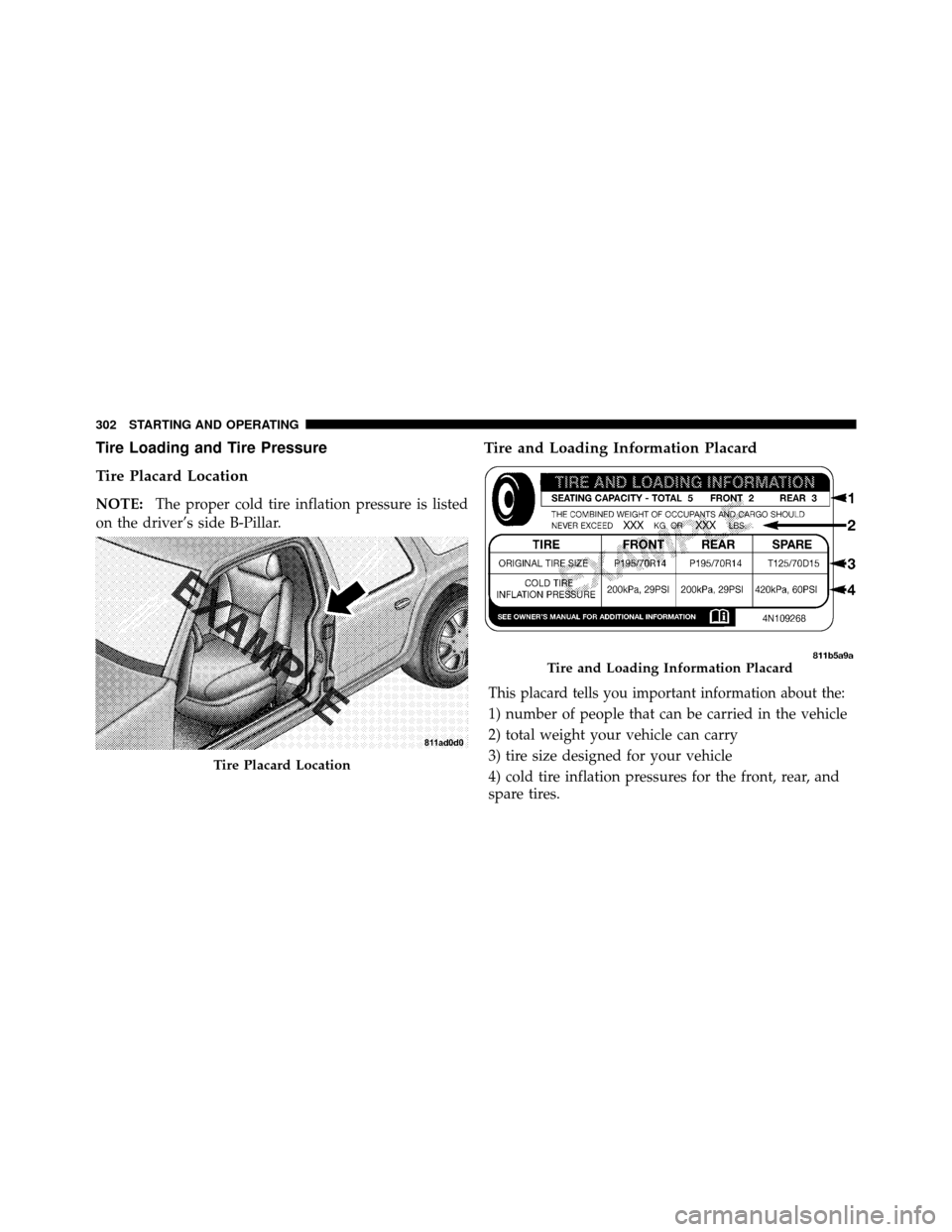 DODGE CHARGER 2010 7.G Owners Manual Tire Loading and Tire Pressure
Tire Placard Location
NOTE:The proper cold tire inflation pressure is listed
on the driver’s side B-Pillar.
Tire and Loading Information Placard
This placard tells you