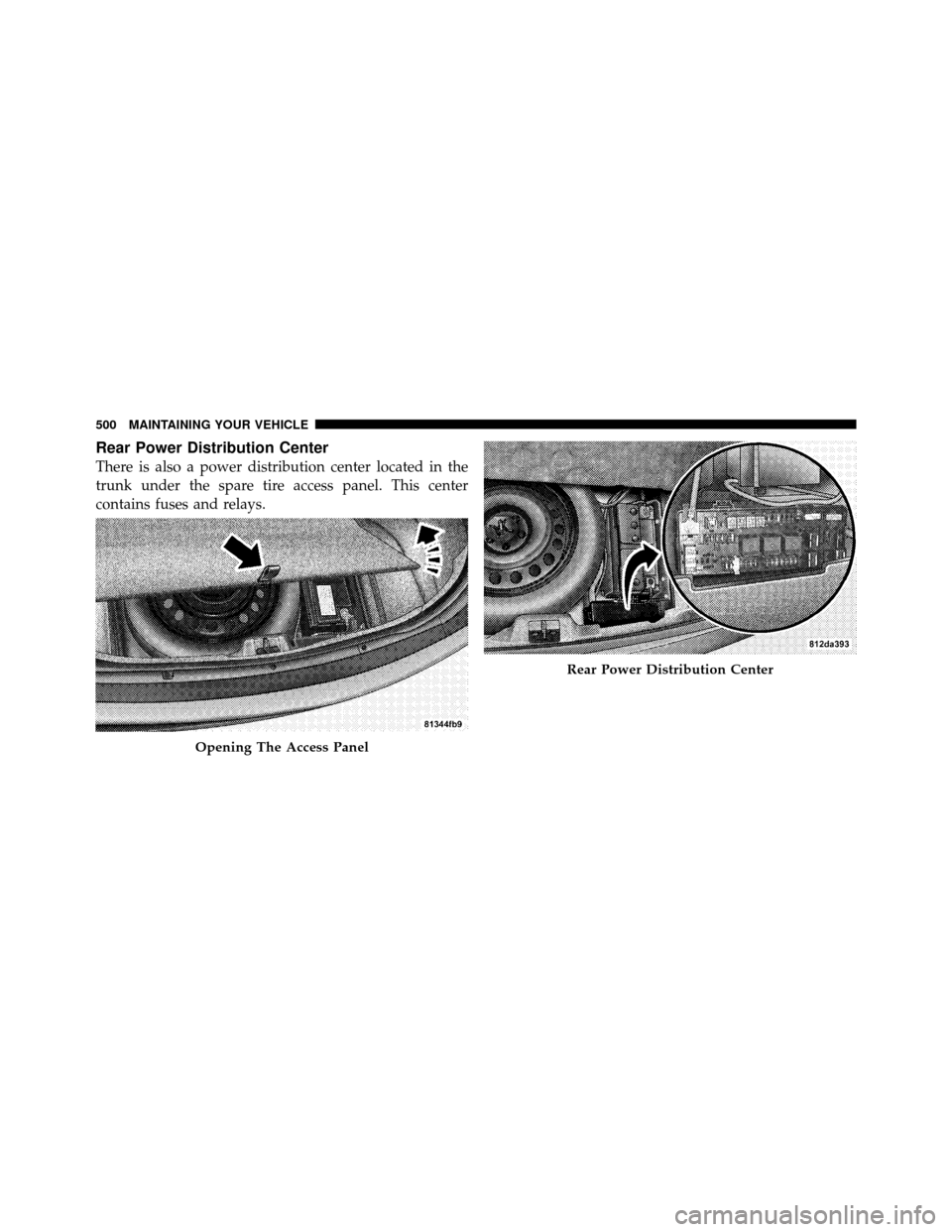 DODGE CHARGER 2011 7.G Owners Manual Rear Power Distribution Center
There is also a power distribution center located in the
trunk under the spare tire access panel. This center
contains fuses and relays.
Opening The Access Panel
Rear Po