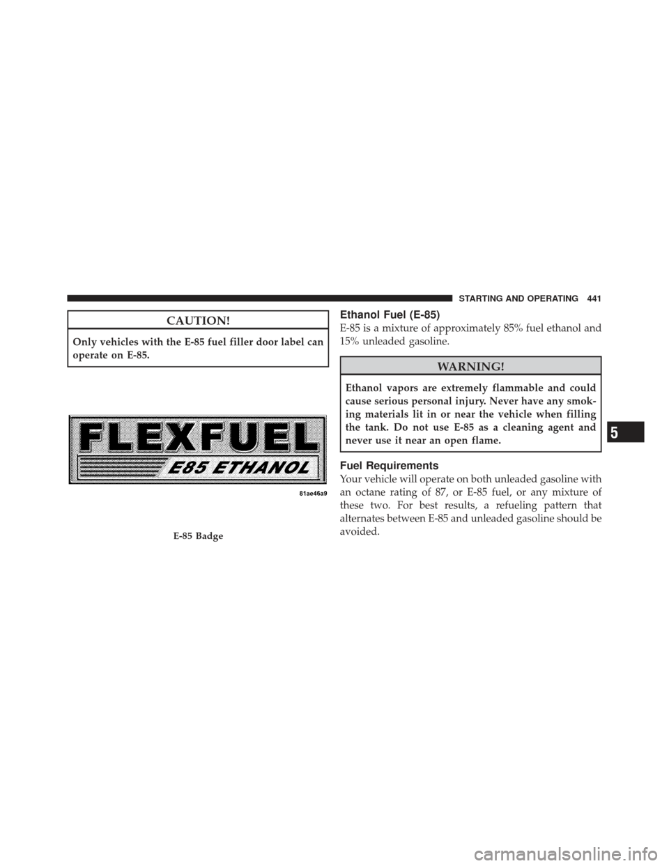 DODGE CHARGER 2012 7.G Owners Manual CAUTION!
Only vehicles with the E-85 fuel filler door label can
operate on E-85.
Ethanol Fuel (E-85)
E-85 is a mixture of approximately 85% fuel ethanol and
15% unleaded gasoline.
WARNING!
Ethanol vap