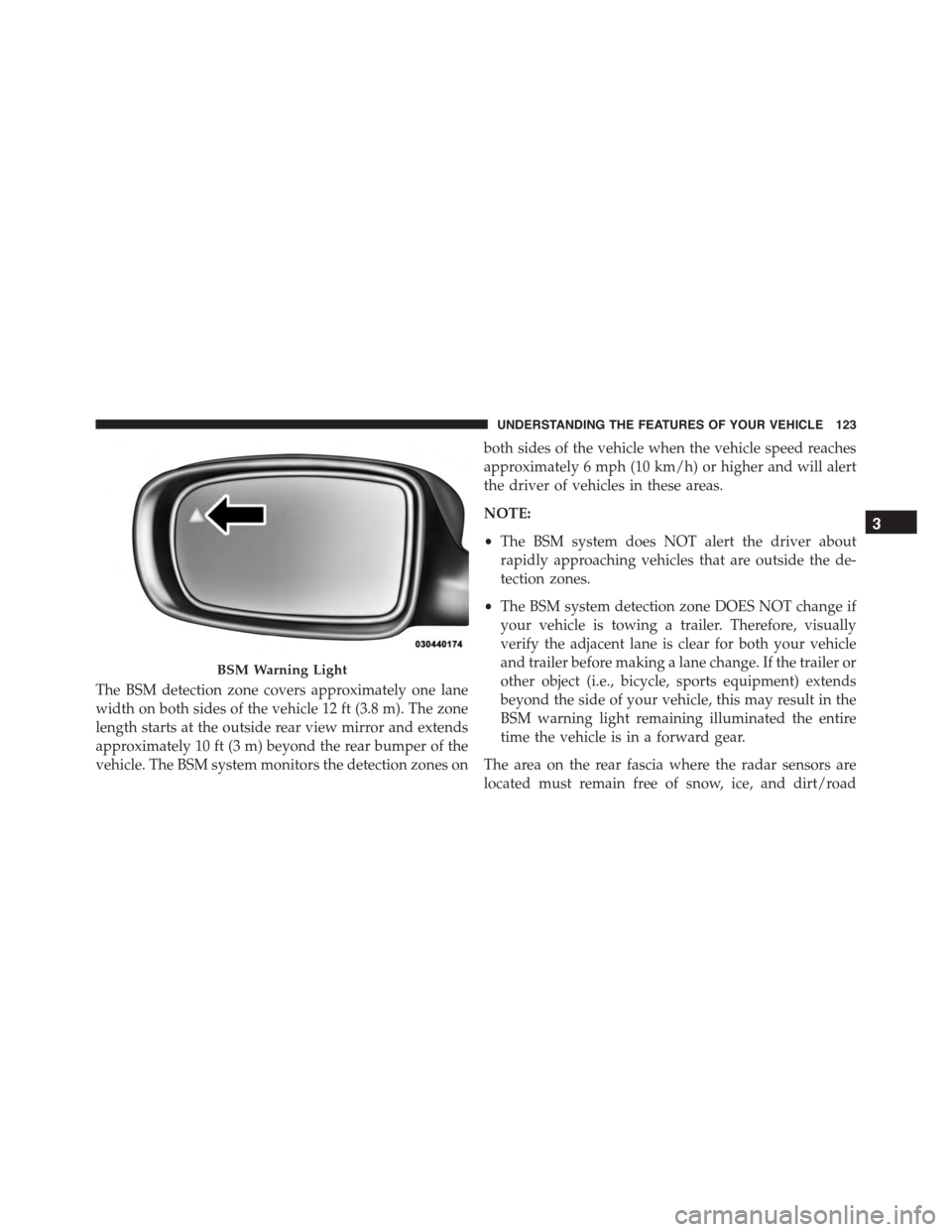 DODGE CHARGER 2015 7.G Owners Manual The BSM detection zone covers approximately one lane
width on both sides of the vehicle 12 ft (3.8 m). The zone
length starts at the outside rear view mirror and extends
approximately 10 ft (3 m) beyo