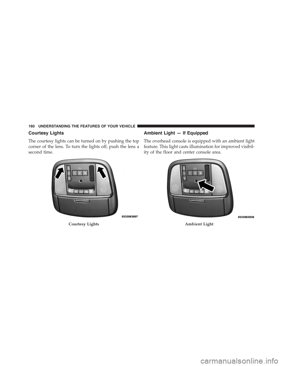 DODGE CHARGER 2015 7.G Owners Manual Courtesy Lights
The courtesy lights can be turned on by pushing the top
corner of the lens. To turn the lights off, push the lens a
second time.
Ambient Light — If Equipped
The overhead console is e