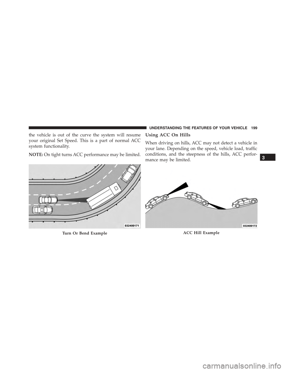 DODGE CHARGER 2015 7.G Owners Manual the vehicle is out of the curve the system will resume
your original Set Speed. This is a part of normal ACC
system functionality.
NOTE:On tight turns ACC performance may be limited.
Using ACC On Hill