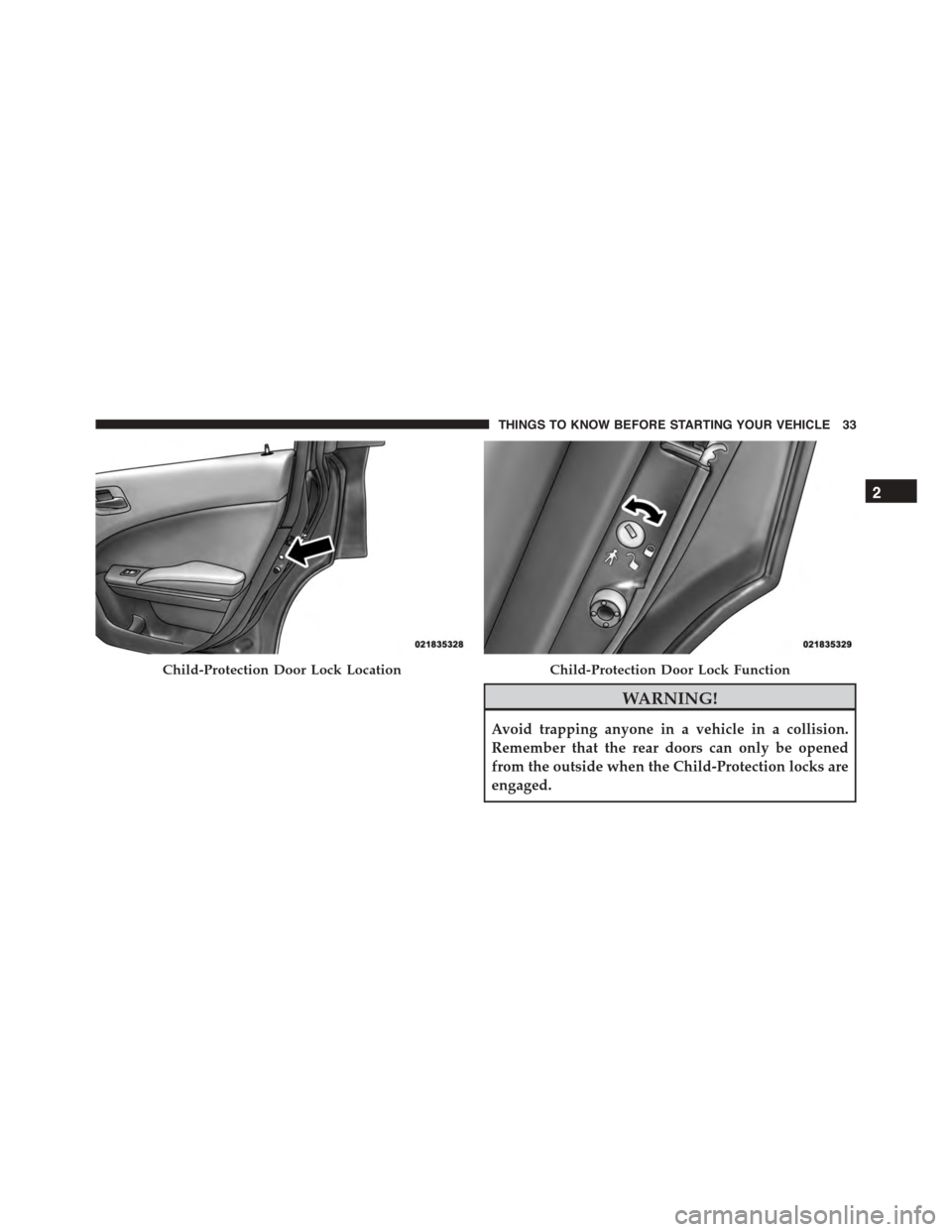 DODGE CHARGER 2015 7.G Owners Manual WARNING!
Avoid trapping anyone in a vehicle in a collision.
Remember that the rear doors can only be opened
from the outside when the Child-Protection locks are
engaged.
Child-Protection Door Lock Loc