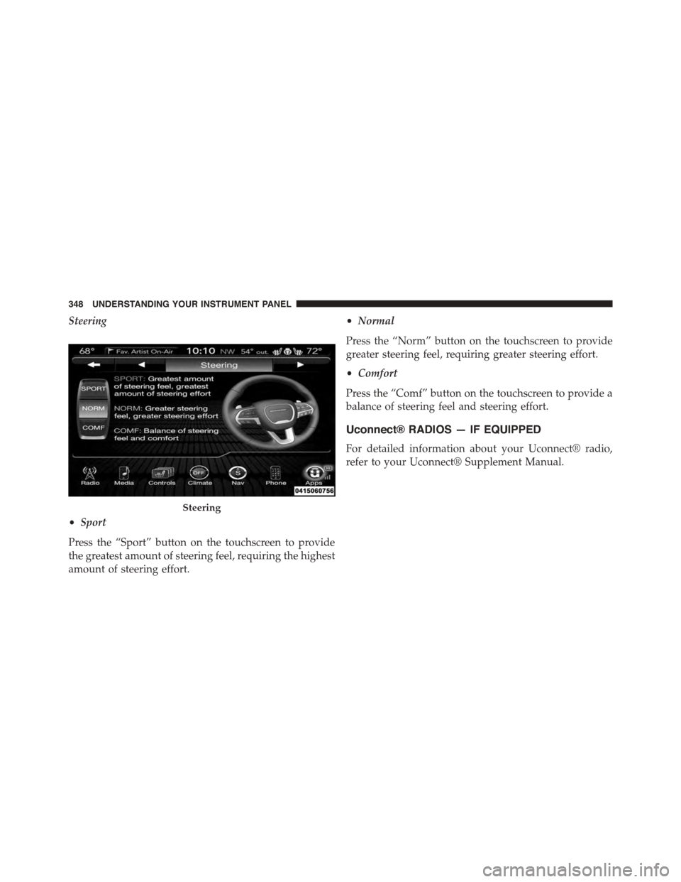 DODGE CHARGER 2015 7.G Owners Manual Steering
•Sport
Press the “Sport” button on the touchscreen to provide
the greatest amount of steering feel, requiring the highest
amount of steering effort.
•Normal
Press the “Norm” butto