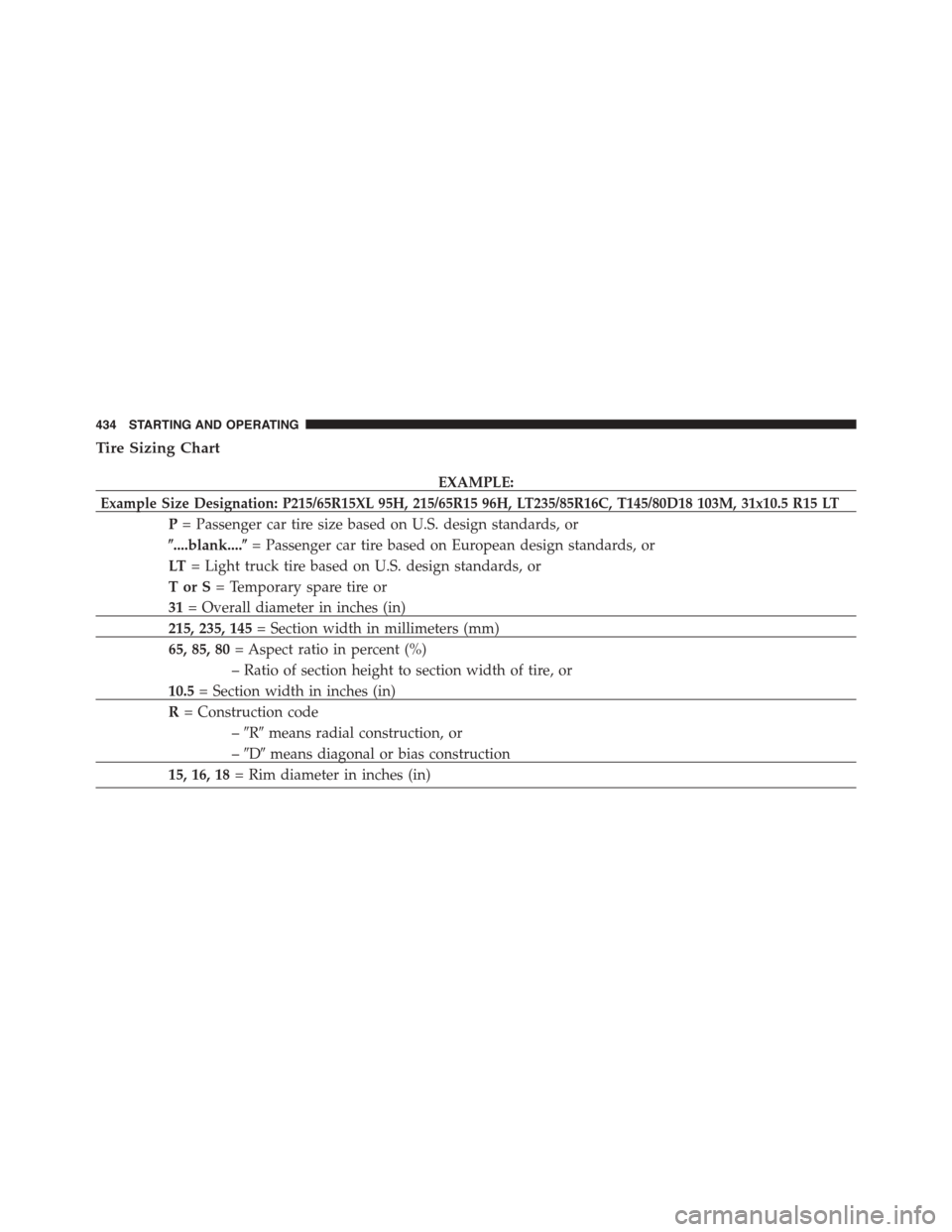 DODGE CHARGER 2015 7.G Owners Manual Tire Sizing Chart
EXAMPLE:
Example Size Designation: P215/65R15XL 95H, 215/65R15 96H, LT235/85R16C, T145/80D18 103M, 31x10.5 R15 LT
P= Passenger car tire size based on U.S. design standards, or
%....b