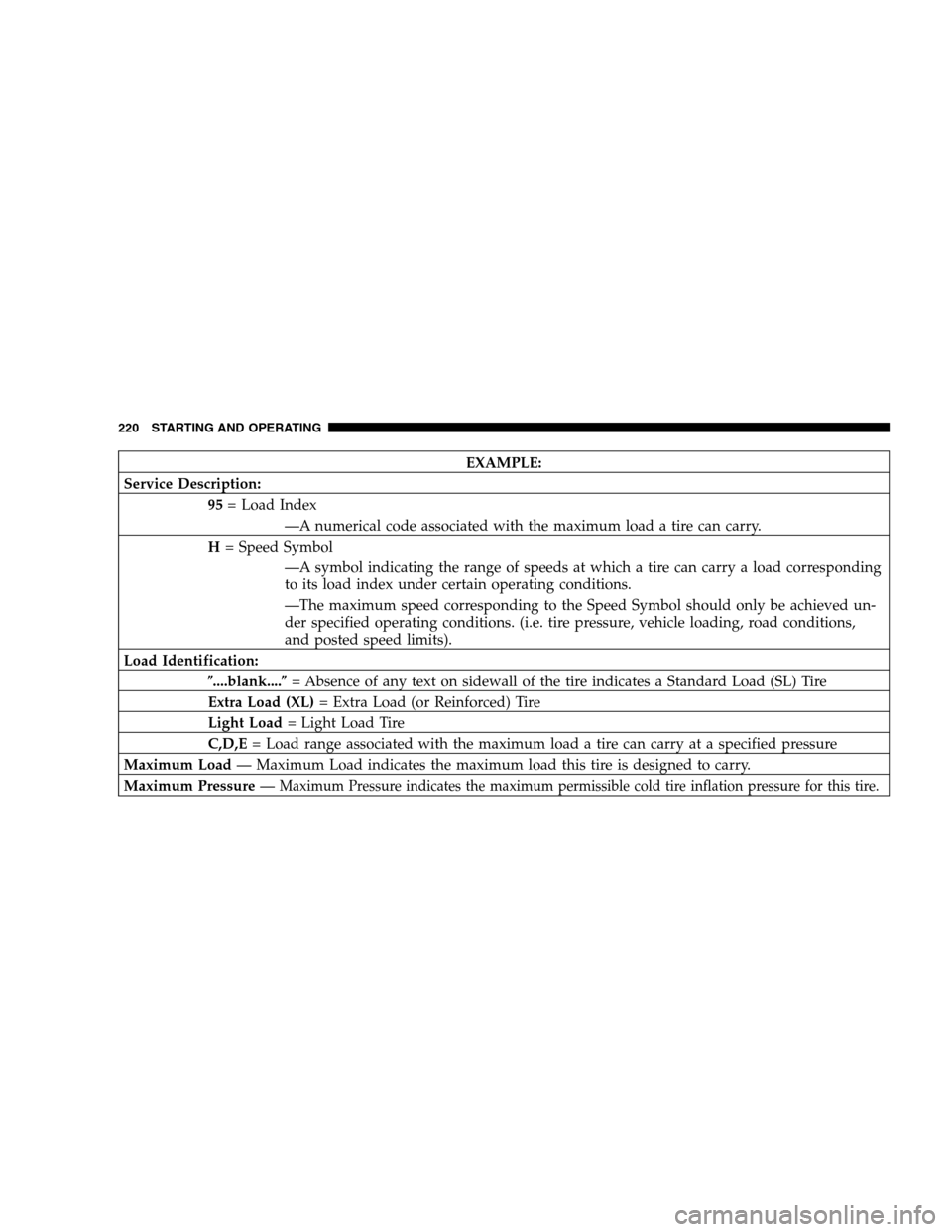 DODGE DAKOTA 2007 3.G Owners Manual EXAMPLE:
Service Description:
95= Load Index
—A numerical code associated with the maximum load a tire can carry.
H= Speed Symbol
—A symbol indicating the range of speeds at which a tire can carry