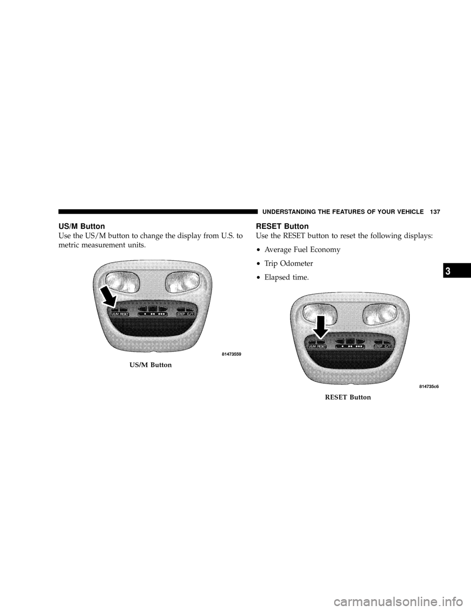 DODGE DAKOTA 2009 3.G Owners Manual US/M Button
Use the US/M button to change the display from U.S. to
metric measurement units.
RESET Button
Use the RESET button to reset the following displays:
²Average Fuel Economy
²Trip Odometer
