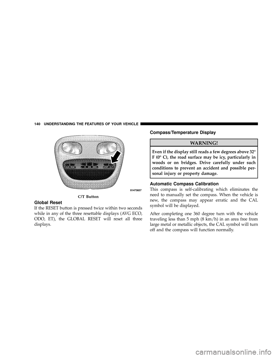 DODGE DAKOTA 2009 3.G Owners Manual Global Reset
If the RESET button is pressed twice within two seconds
while in any of the three resettable displays (AVG ECO,
ODO, ET), the GLOBAL RESET will reset all three
displays.
Compass/Temperatu