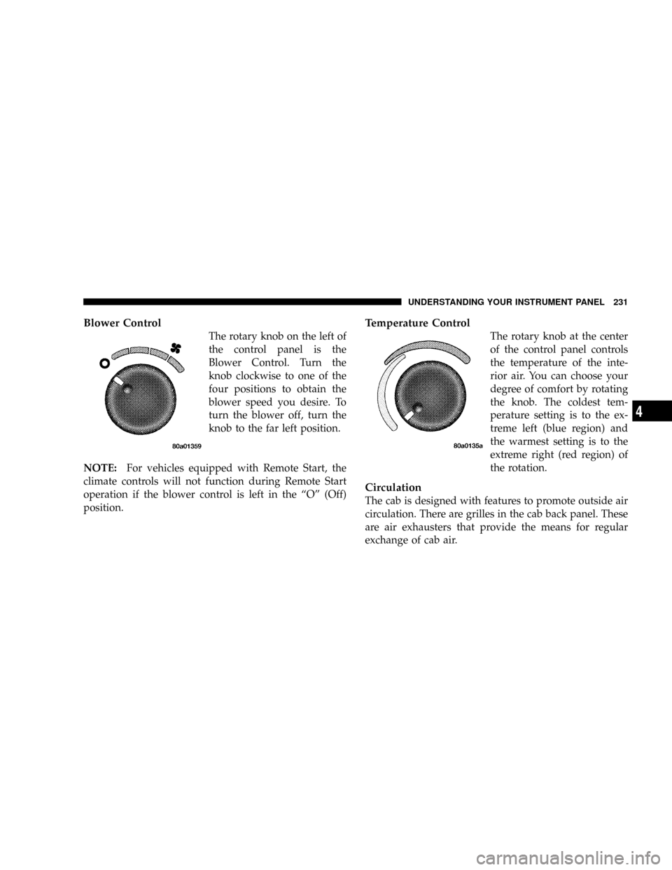 DODGE DAKOTA 2009 3.G Owners Manual Blower Control
The rotary knob on the left of
the control panel is the
Blower Control. Turn the
knob clockwise to one of the
four positions to obtain the
blower speed you desire. To
turn the blower of