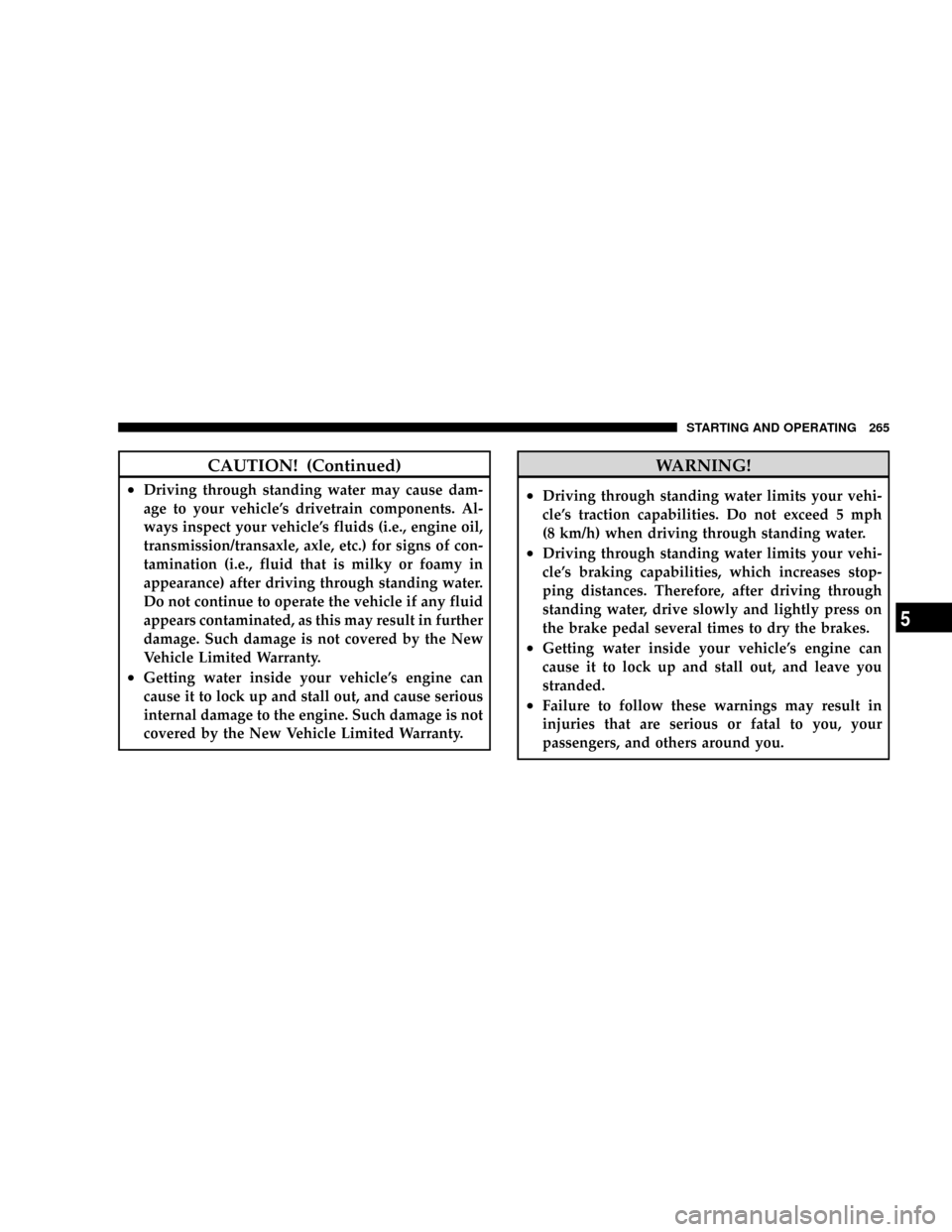 DODGE DAKOTA 2009 3.G Owners Manual CAUTION! (Continued)
²Driving through standing water may cause dam-
age to your vehicles drivetrain components. Al-
ways inspect your vehicles fluids (i.e., engine oil,
transmission/transaxle, axle