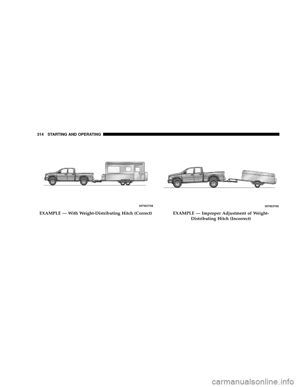 DODGE DAKOTA 2009 3.G Owners Manual EXAMPLE Ð With Weight-Distributing Hitch (Correct)EXAMPLE Ð Improper Adjustment of Weight-
Distributing Hitch (Incorrect)
314 STARTING AND OPERATING 