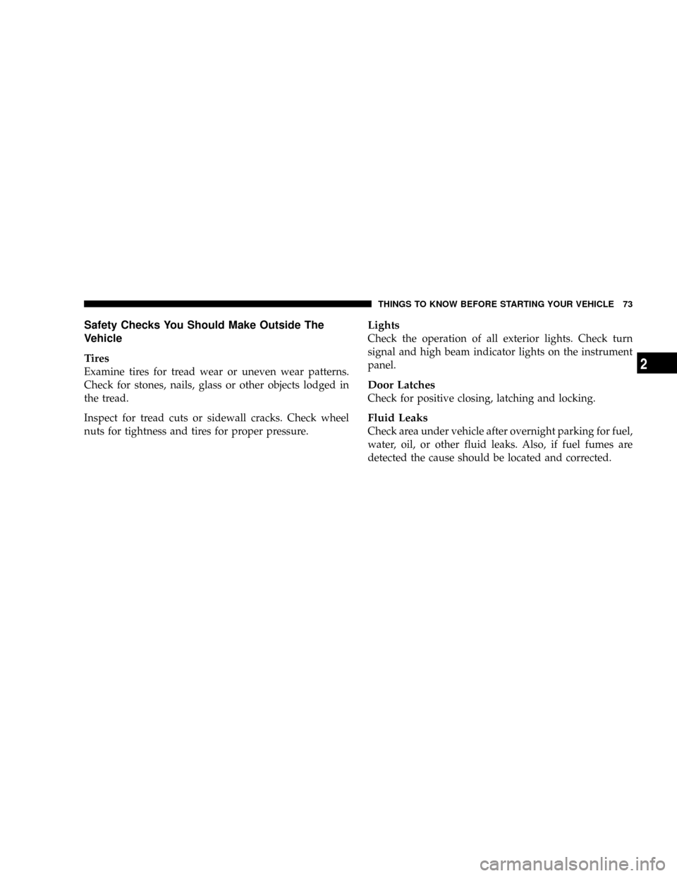 DODGE DAKOTA 2009 3.G Owners Manual Safety Checks You Should Make Outside The
Vehicle
Tires
Examine tires for tread wear or uneven wear patterns.
Check for stones, nails, glass or other objects lodged in
the tread.
Inspect for tread cut