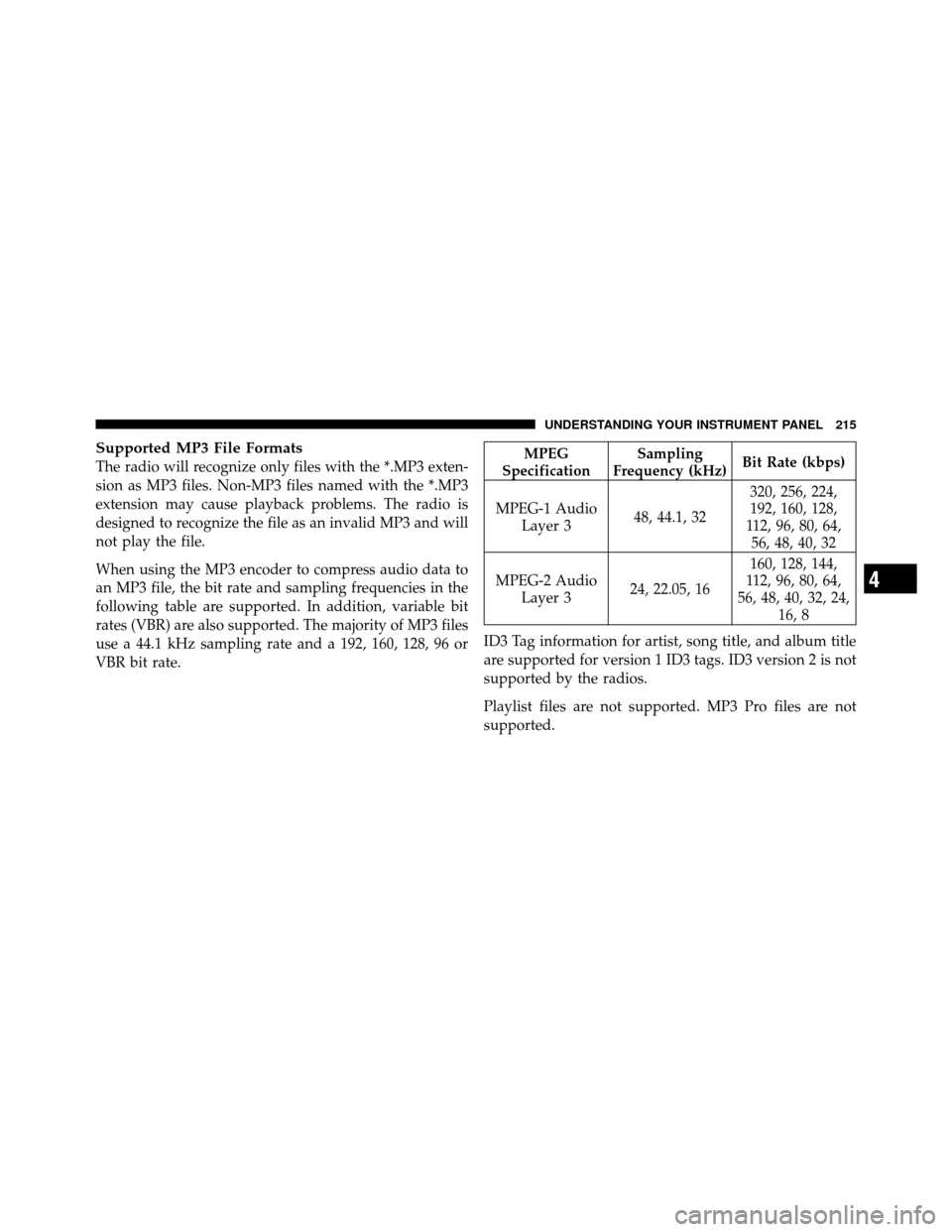 DODGE DAKOTA 2010 3.G Owners Manual Supported MP3 File Formats
The radio will recognize only files with the *.MP3 exten-
sion as MP3 files. Non-MP3 files named with the *.MP3
extension may cause playback problems. The radio is
designed 