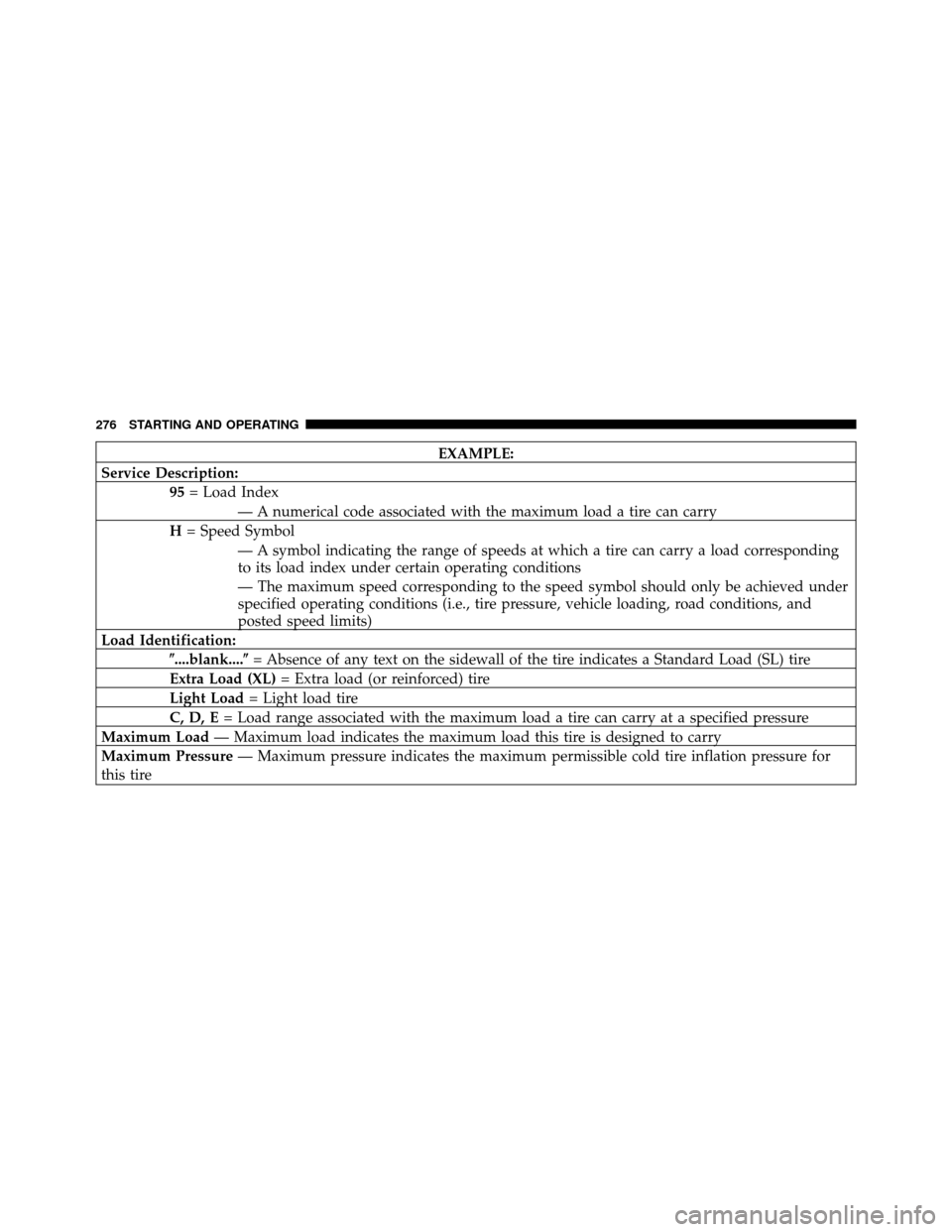 DODGE DAKOTA 2010 3.G Owners Manual EXAMPLE:
Service Description: 95= Load Index
— A numerical code associated with the maximum load a tire can carry
H = Speed Symbol
— A symbol indicating the range of speeds at which a tire can car