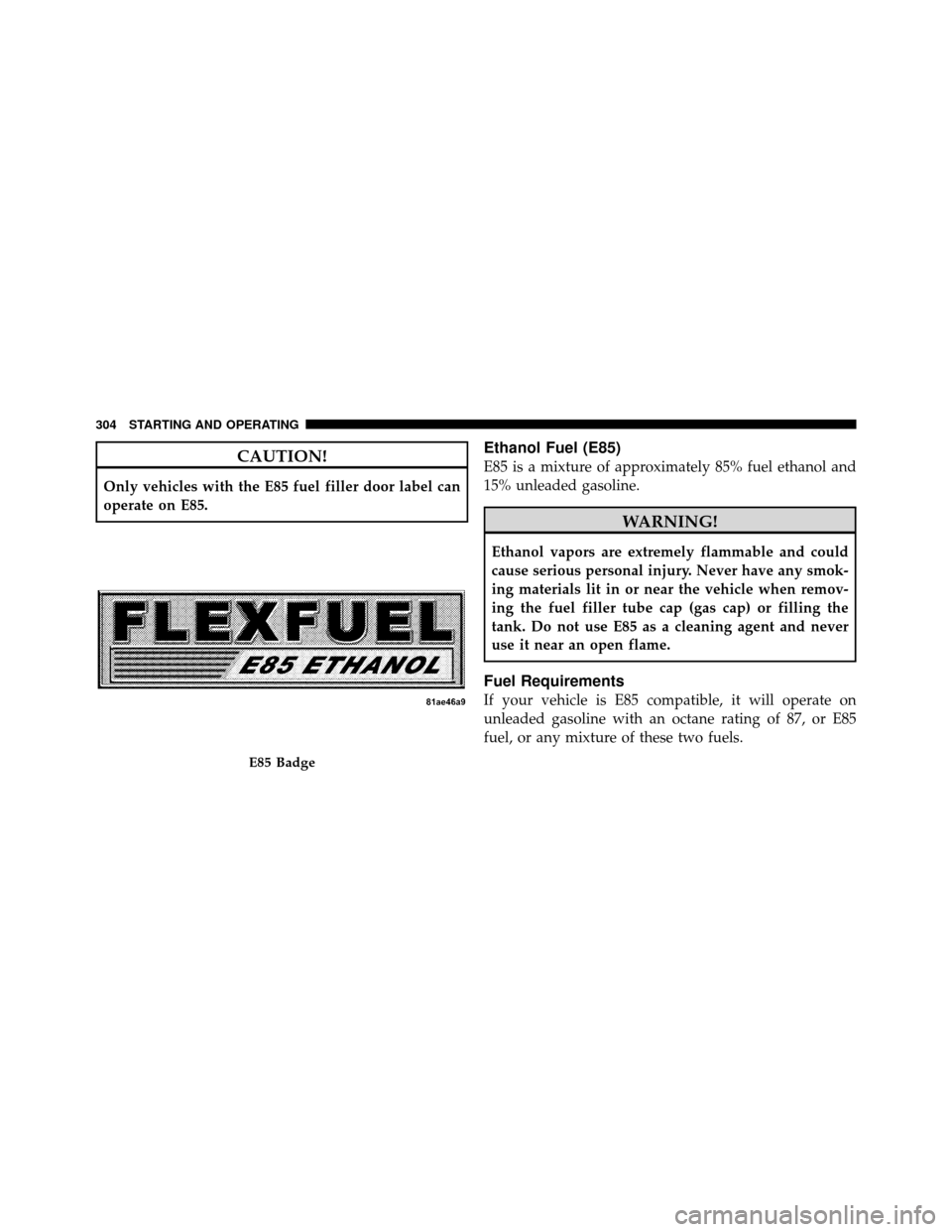 DODGE DAKOTA 2010 3.G Owners Manual CAUTION!
Only vehicles with the E85 fuel filler door label can
operate on E85.
Ethanol Fuel (E85)
E85 is a mixture of approximately 85% fuel ethanol and
15% unleaded gasoline.
WARNING!
Ethanol vapors 