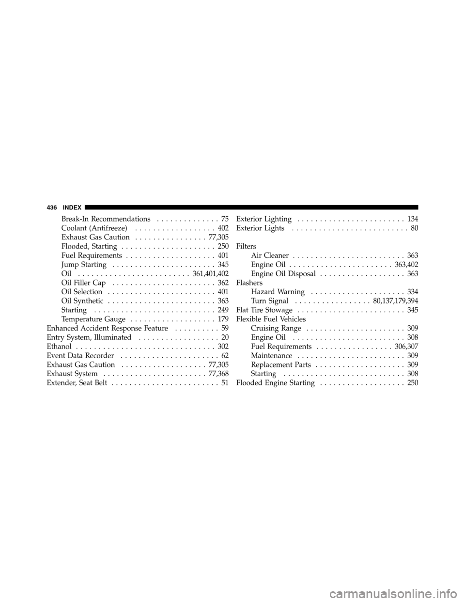 DODGE DAKOTA 2011 3.G Owners Manual Break-In Recommendations.............. 75
Coolant (Antifreeze) .................. 402
Exhaust Gas Caution ................77,305
Flooded, Starting ..................... 250
Fuel Requirements .........