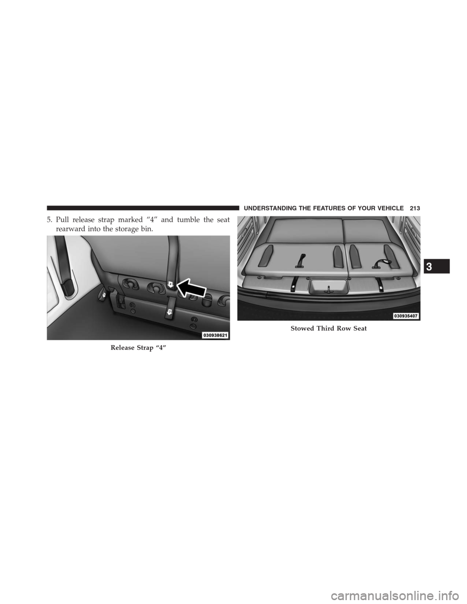 DODGE GRAND CARAVAN 2013 5.G Owners Manual 5. Pull release strap marked “4” and tumble the seat
rearward into the storage bin.
Release Strap “4”
Stowed Third Row Seat
3
UNDERSTANDING THE FEATURES OF YOUR VEHICLE 213 