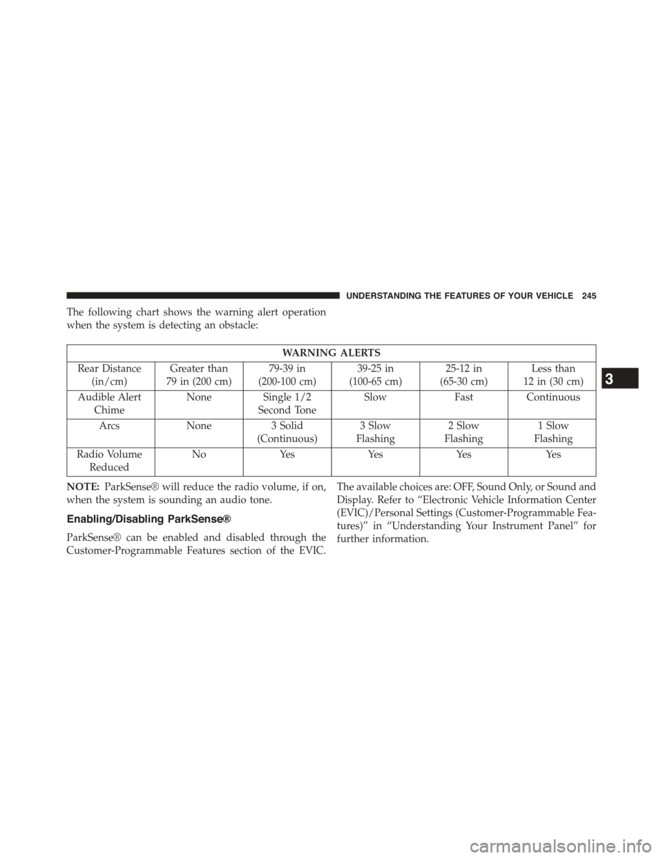 DODGE GRAND CARAVAN 2015 5.G Owners Manual The following chart shows the warning alert operation
when the system is detecting an obstacle:
WARNING ALERTS
Rear Distance
(in/cm)
Greater than
79 in (200 cm)
79-39 in
(200-100 cm)
39-25 in
(100-65 