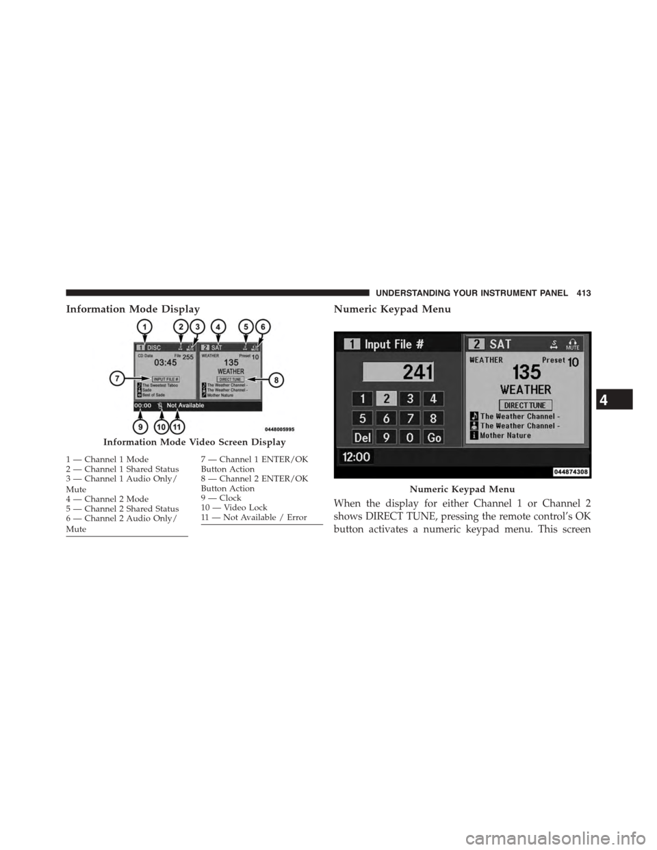 DODGE GRAND CARAVAN 2015 5.G Owners Manual Information Mode DisplayNumeric Keypad Menu
When the display for either Channel 1 or Channel 2
shows DIRECT TUNE, pressing the remote control’s OK
button activates a numeric keypad menu. This screen