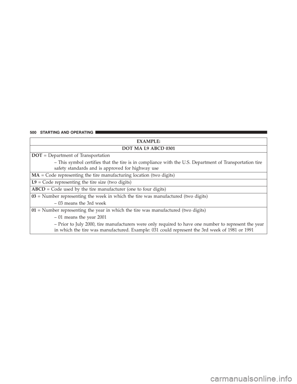 DODGE GRAND CARAVAN 2015 5.G Owners Manual EXAMPLE:
DOT MA L9 ABCD 0301
DOT= Department of Transportation
– This symbol certifies that the tire is in compliance with the U.S. Department of Transportation tire
safety standards and is approved
