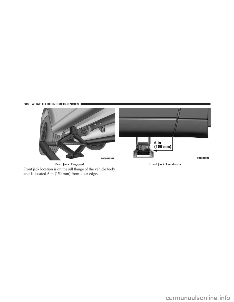 DODGE GRAND CARAVAN 2015 5.G Owners Manual Front jack location is on the sill flange of the vehicle body
and is located 6 in (150 mm) from door edge.
Rear Jack EngagedFront Jack Locations
586 WHAT TO DO IN EMERGENCIES 