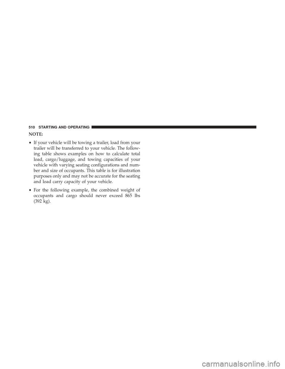 DODGE GRAND CARAVAN 2016 5.G Owners Manual NOTE:
•If your vehicle will be towing a trailer, load from your
trailer will be transferred to your vehicle. The follow-
ing table shows examples on how to calculate total
load, cargo/luggage, and t