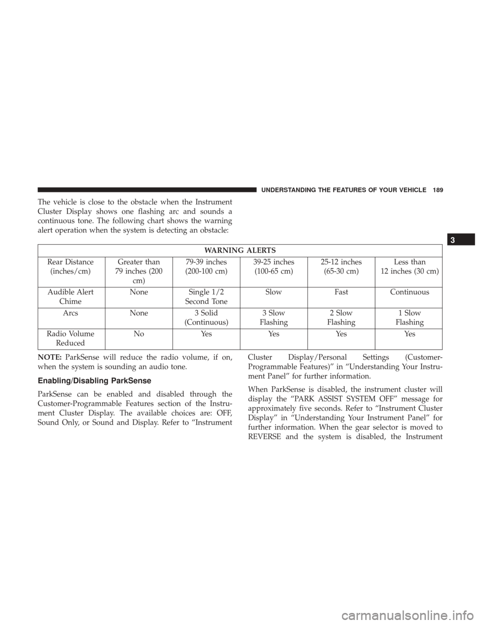 DODGE GRAND CARAVAN 2017 5.G Owners Manual The vehicle is close to the obstacle when the Instrument
Cluster Display shows one flashing arc and sounds a
continuous tone. The following chart shows the warning
alert operation when the system is d